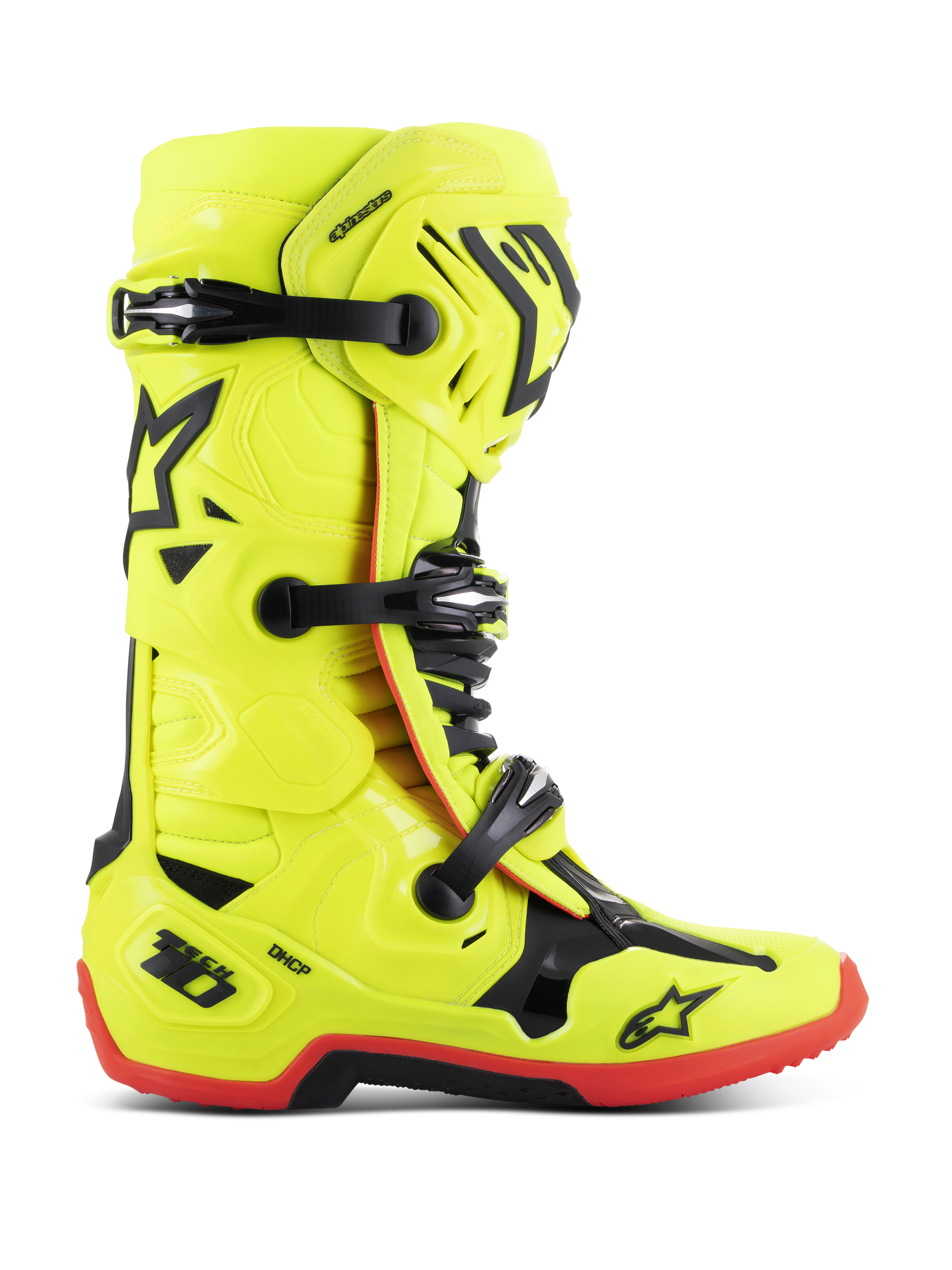 Alpinestars Tech 10, buty motocrossowe, żółte fluo z czarnymi i czerwonymi akcentami, widok z profilu bocznego, potrójne zapięcie na klamry, wzmocniony ochraniacz goleni, czerwona podeszwa o wysokiej przyczepności, ochrona pięty DHCP, profesjonalny sprzęt motocyklowy off-road
