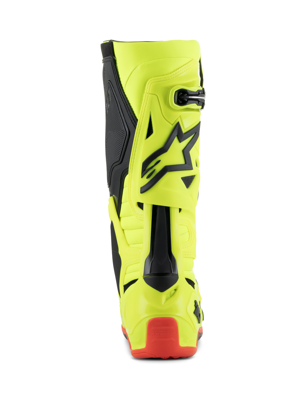 Buty Alpinestars Tech 10, buty motocrossowe, żółty fluo czarny czerwony fluo, widok z tyłu przedstawiający fluorescencyjną żółtą konstrukcję z czarnymi akcentami i czerwonym ochraniaczem pięty, profesjonalne obuwie do jazdy terenowej