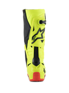 Buty Alpinestars Tech 10, buty motocrossowe, żółty fluo czarny czerwony fluo, widok z tyłu przedstawiający fluorescencyjną żółtą konstrukcję z czarnymi akcentami i czerwonym ochraniaczem pięty, profesjonalne obuwie do jazdy terenowej
