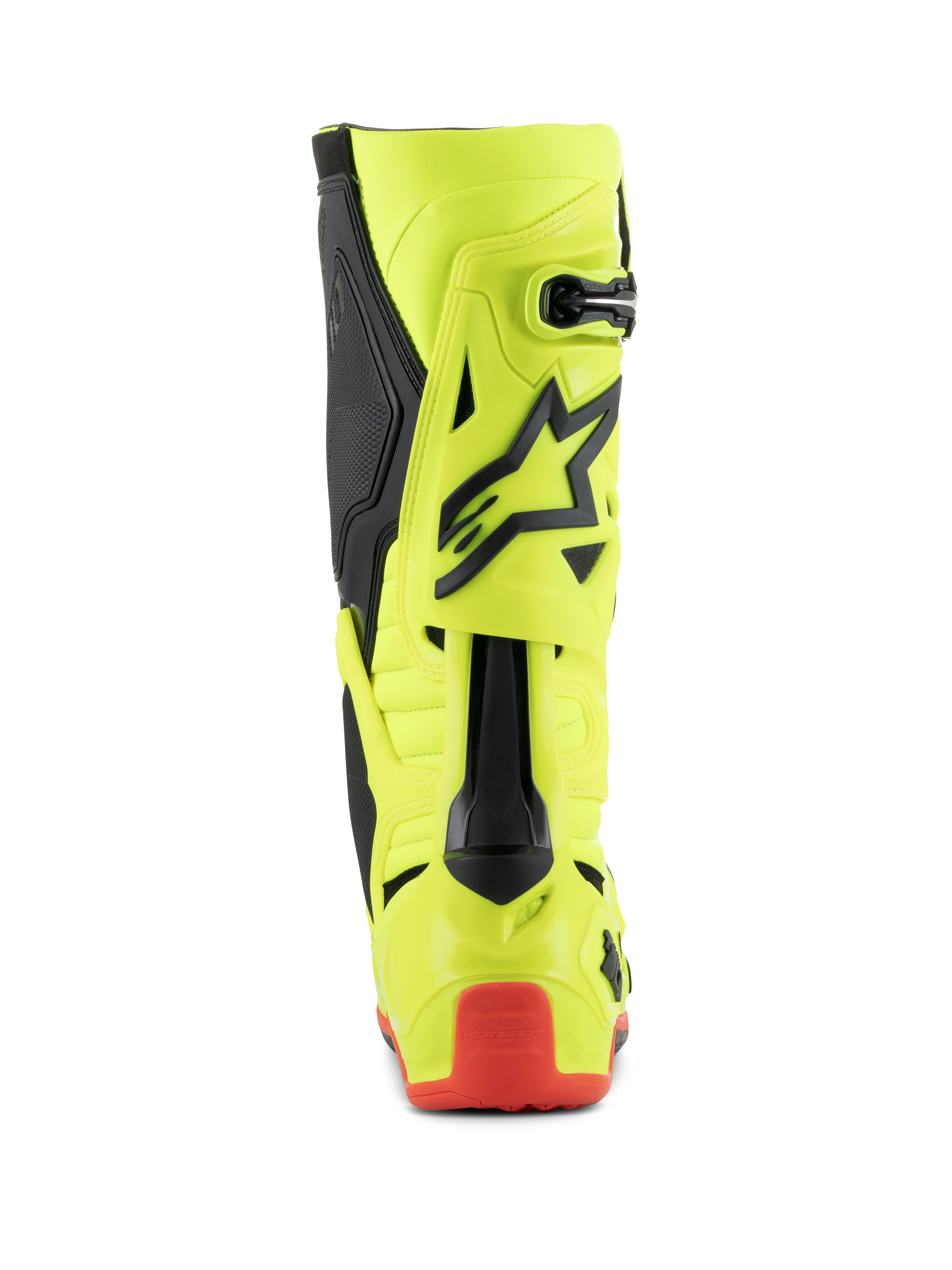 Buty Alpinestars Tech 10, buty motocrossowe, żółty fluo czarny czerwony fluo, widok z tyłu przedstawiający fluorescencyjną żółtą konstrukcję z czarnymi akcentami i czerwonym ochraniaczem pięty, profesjonalne obuwie do jazdy terenowej