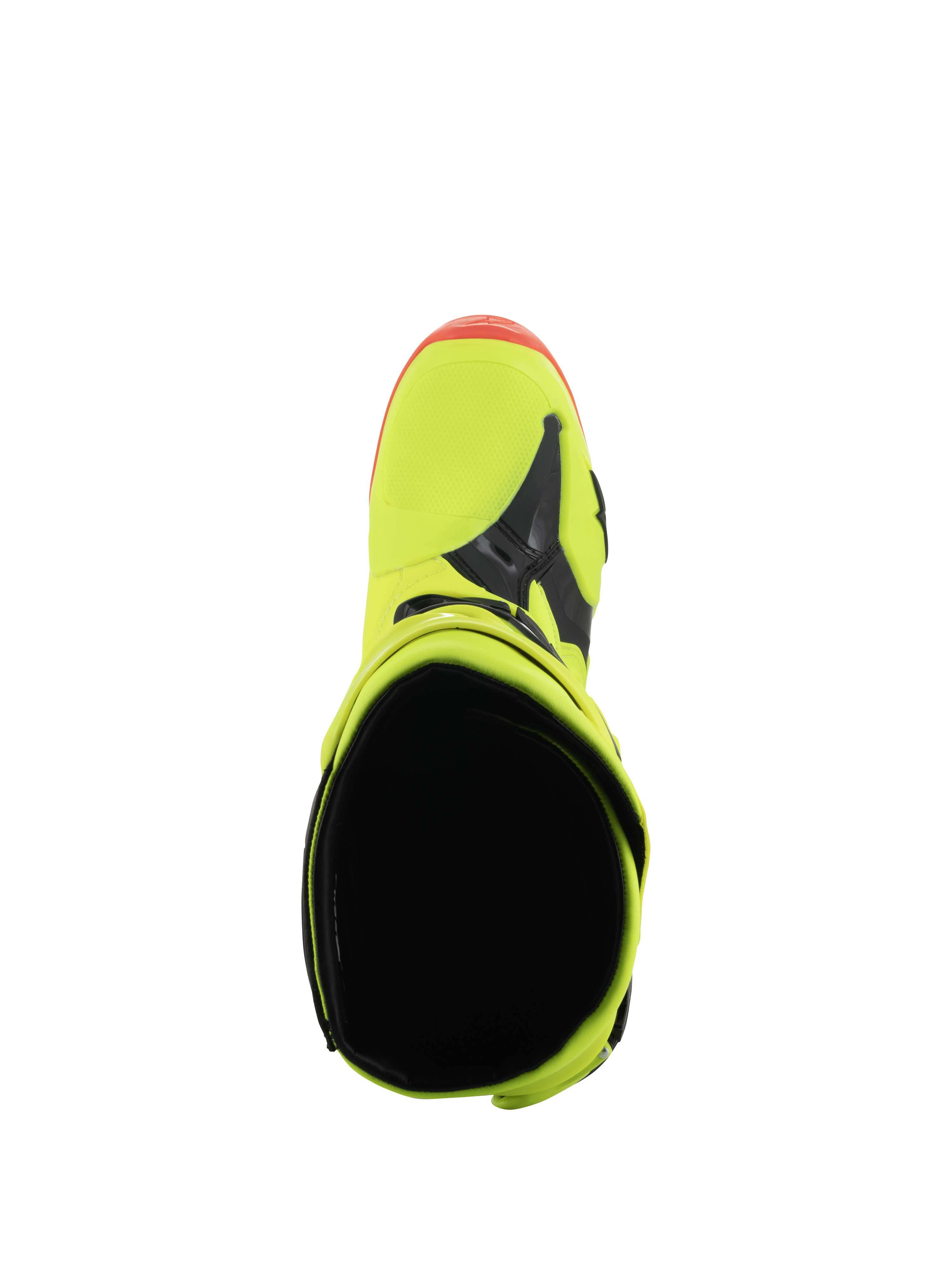 Buty Alpinestars Tech 10, buty motocrossowe, żółty fluo, czarny i czerwony fluo, widok z góry przedstawiający otwór wewnętrzny i nosek buta, żywe neonowe kolory z czarnymi akcentami, profesjonalne obuwie wyścigowe off-road