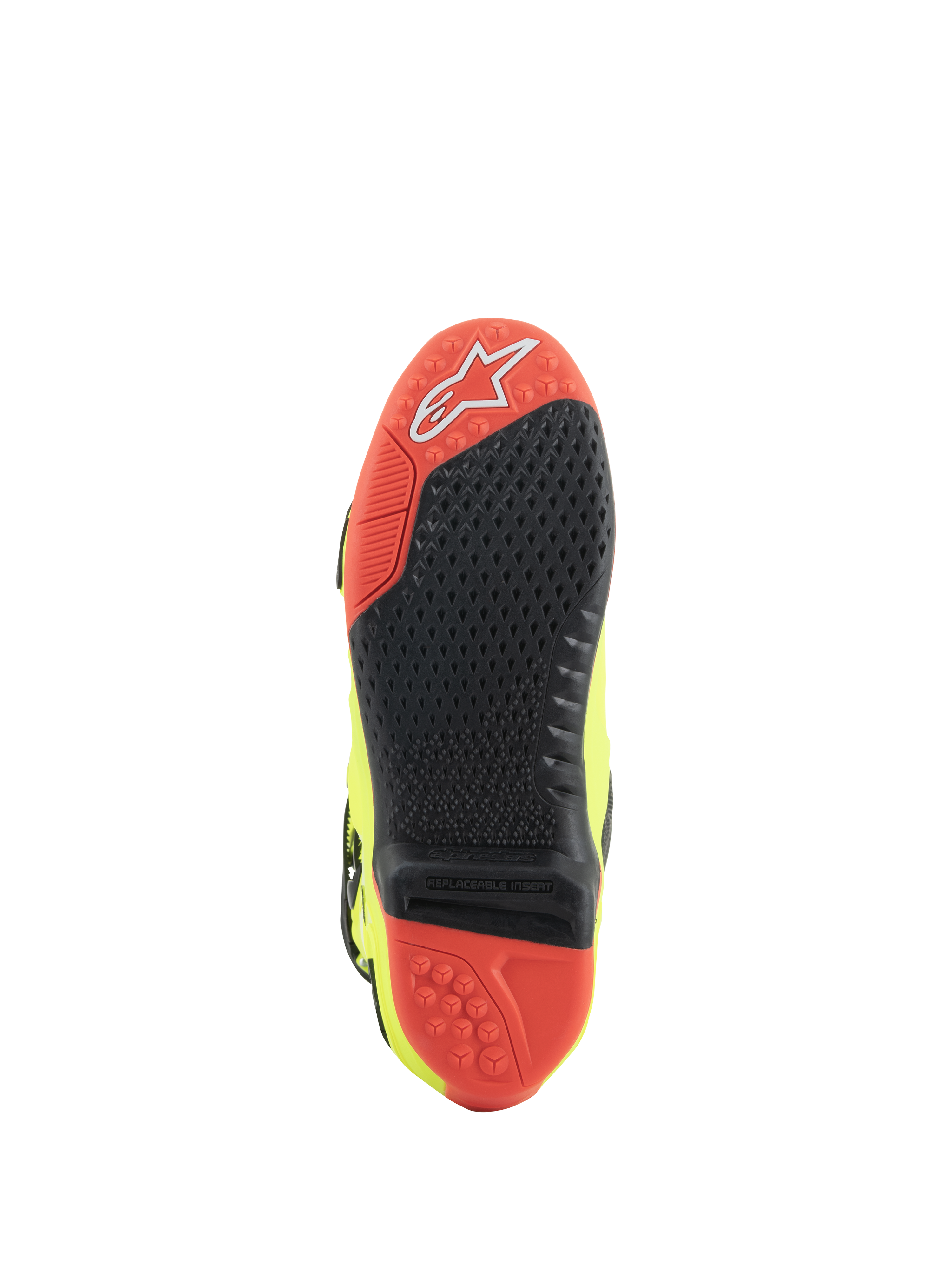 Buty Alpinestars Tech 10, buty motocrossowe, żółty fluo czarny czerwony fluo, widok podeszwy wykonanej z czerwono-czarnego dwuskładnikowego materiału, wymienna centralna wkładka zwiększająca przyczepność oraz wypustki trakcyjne zapewniające wydajność w terenie