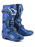Buty Alpinestars Tech 10, buty motocrossowe, niebiesko-czarne, wyposażone w system potrójnych klamer, białe logo gwiazdy Alpinestars na goleni, wytrzymała skorupa TPU i wzmocniona podeszwa zapewniająca wydajność w terenie