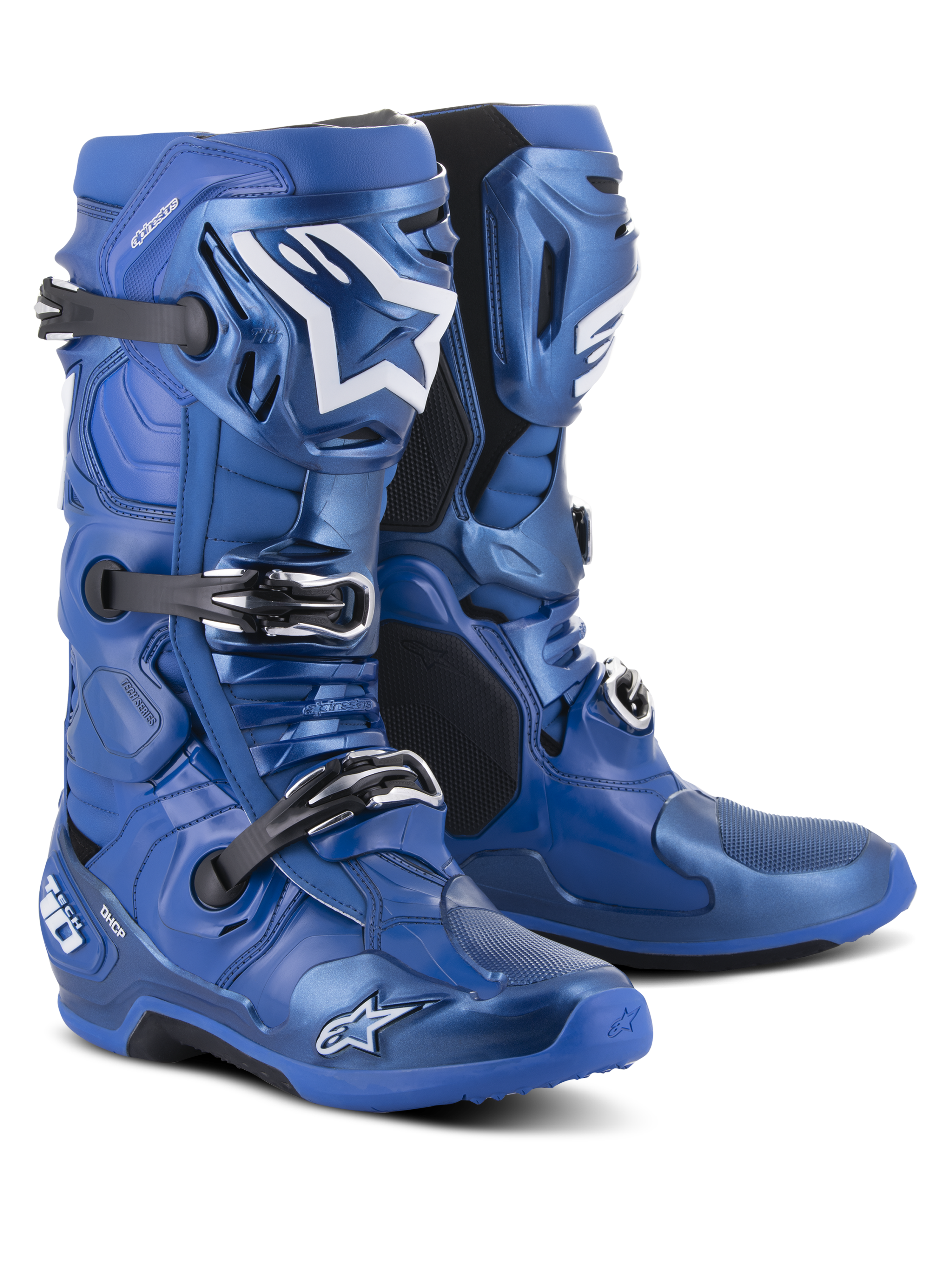 Buty Alpinestars Tech 10, buty motocrossowe, niebiesko-czarne, wyposażone w system potrójnych klamer, białe logo gwiazdy Alpinestars na goleni, wytrzymała skorupa TPU i wzmocniona podeszwa zapewniająca wydajność w terenie