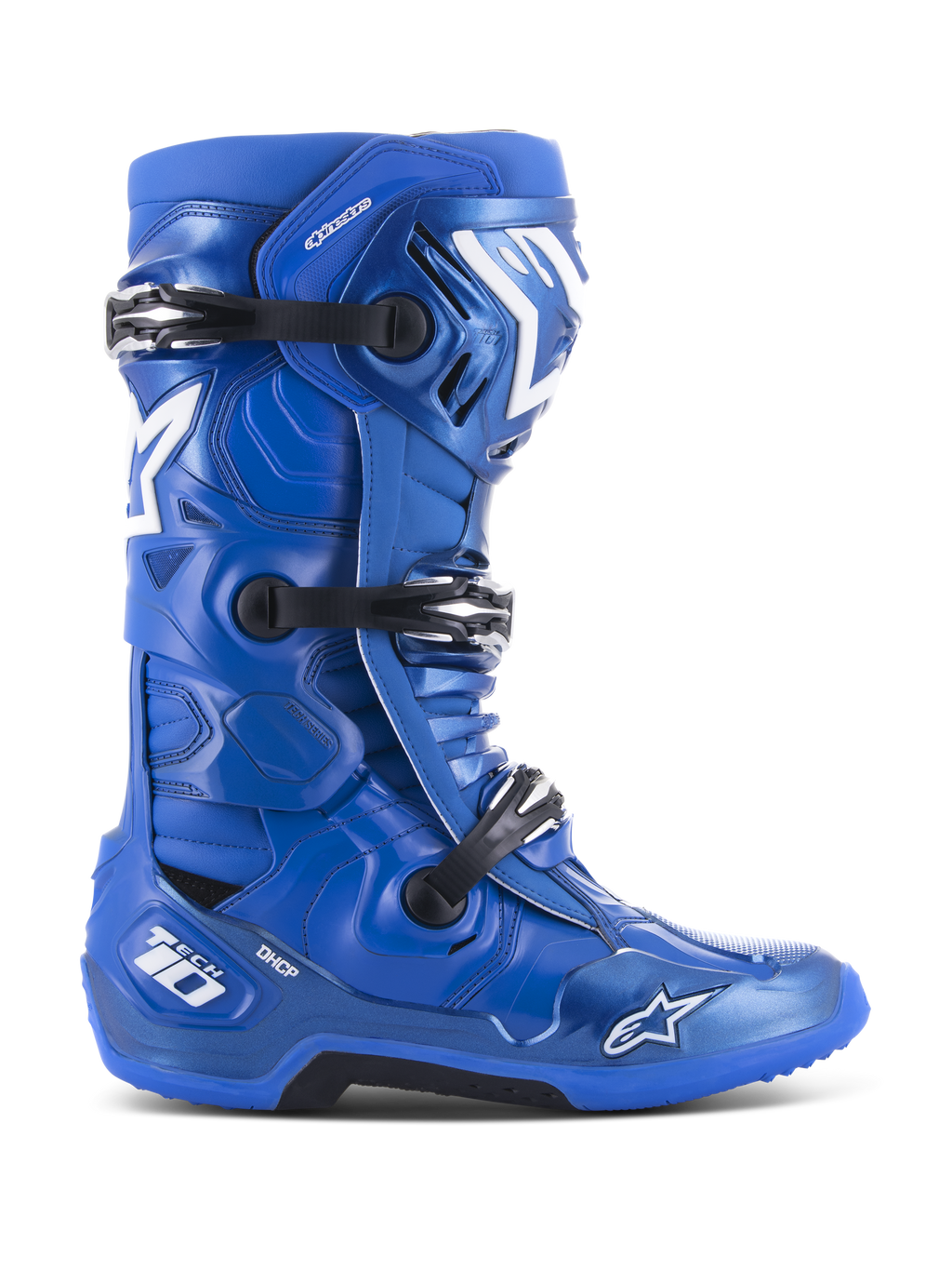 Alpinestars Tech 10, buty motocrossowe, niebieskie z białymi i czarnymi akcentami, widok z boku, potrójny system klamer, ochrona pięty DHCP, logo gwiazdy i oznaczenia Tech 10, wytrzymała przyczepna podeszwa, profesjonalny sprzęt off-road