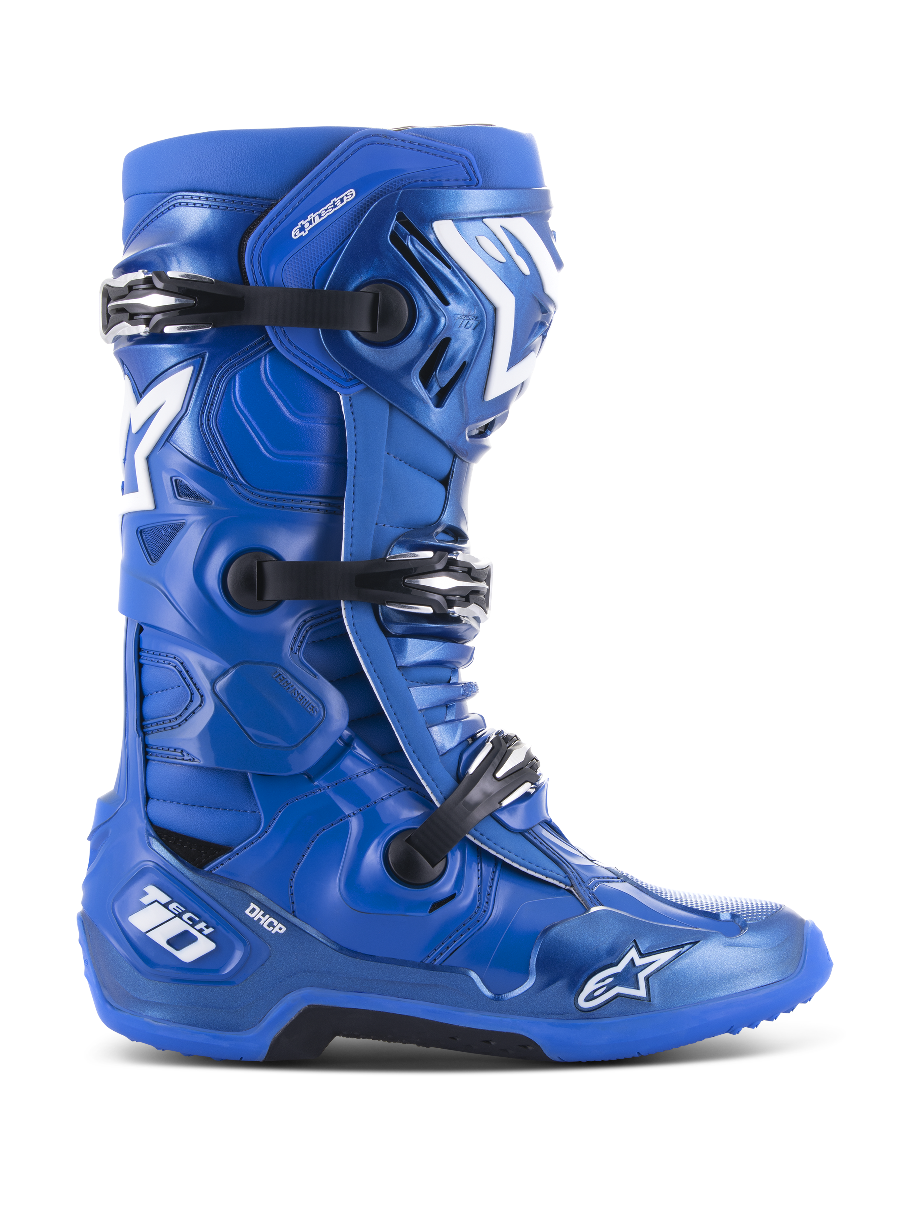 Alpinestars Tech 10, buty motocrossowe, niebieskie z białymi i czarnymi akcentami, widok z boku, potrójny system klamer, ochrona pięty DHCP, logo gwiazdy i oznaczenia Tech 10, wytrzymała przyczepna podeszwa, profesjonalny sprzęt off-road