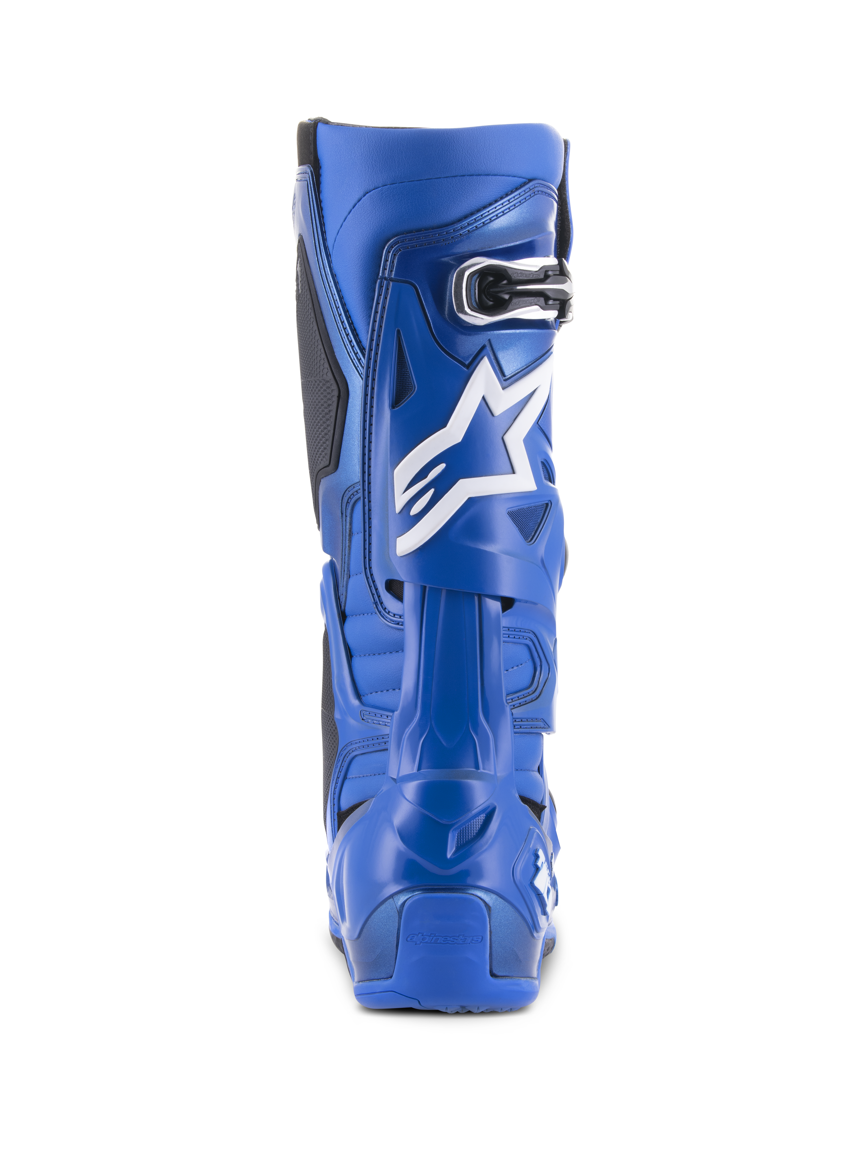 Buty Alpinestars Tech 10, niebieskie i czarne, widok z tyłu z białym logo gwiazdy i detalami klamry, wysokowydajne obuwie motocrossowe do wyścigów terenowych