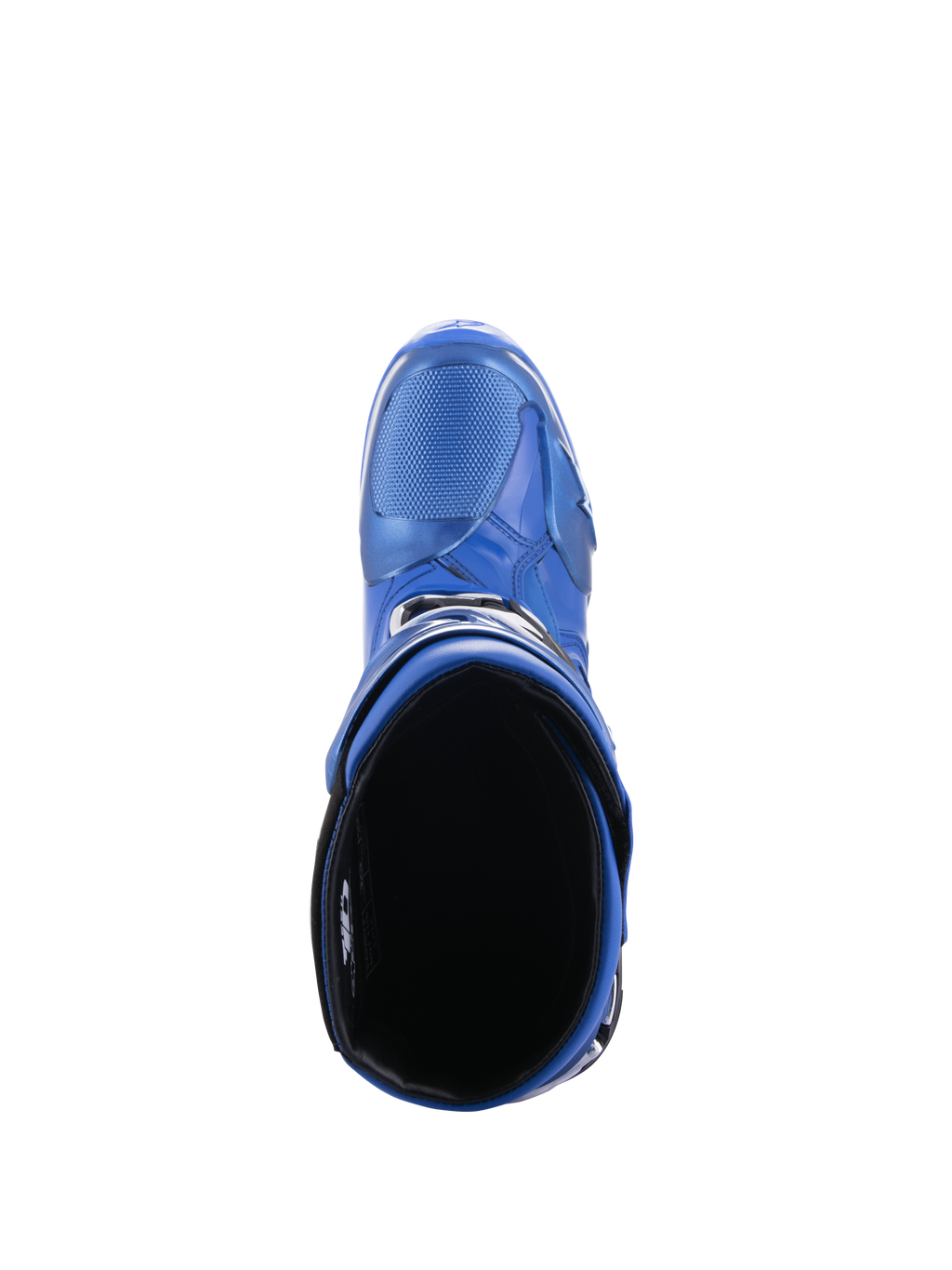 Buty Alpinestars Tech 10, buty motocrossowe, niebiesko-czarne, widok z góry na wyściółkę wewnętrzną i otwór na łydkę, ukazujący smukłą konstrukcję i ochronną skorupę TPU