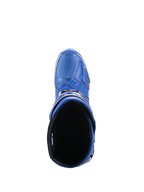 Buty Alpinestars Tech 10, buty motocrossowe, niebiesko-czarne, widok z góry na wyściółkę wewnętrzną i otwór na łydkę, ukazujący smukłą konstrukcję i ochronną skorupę TPU