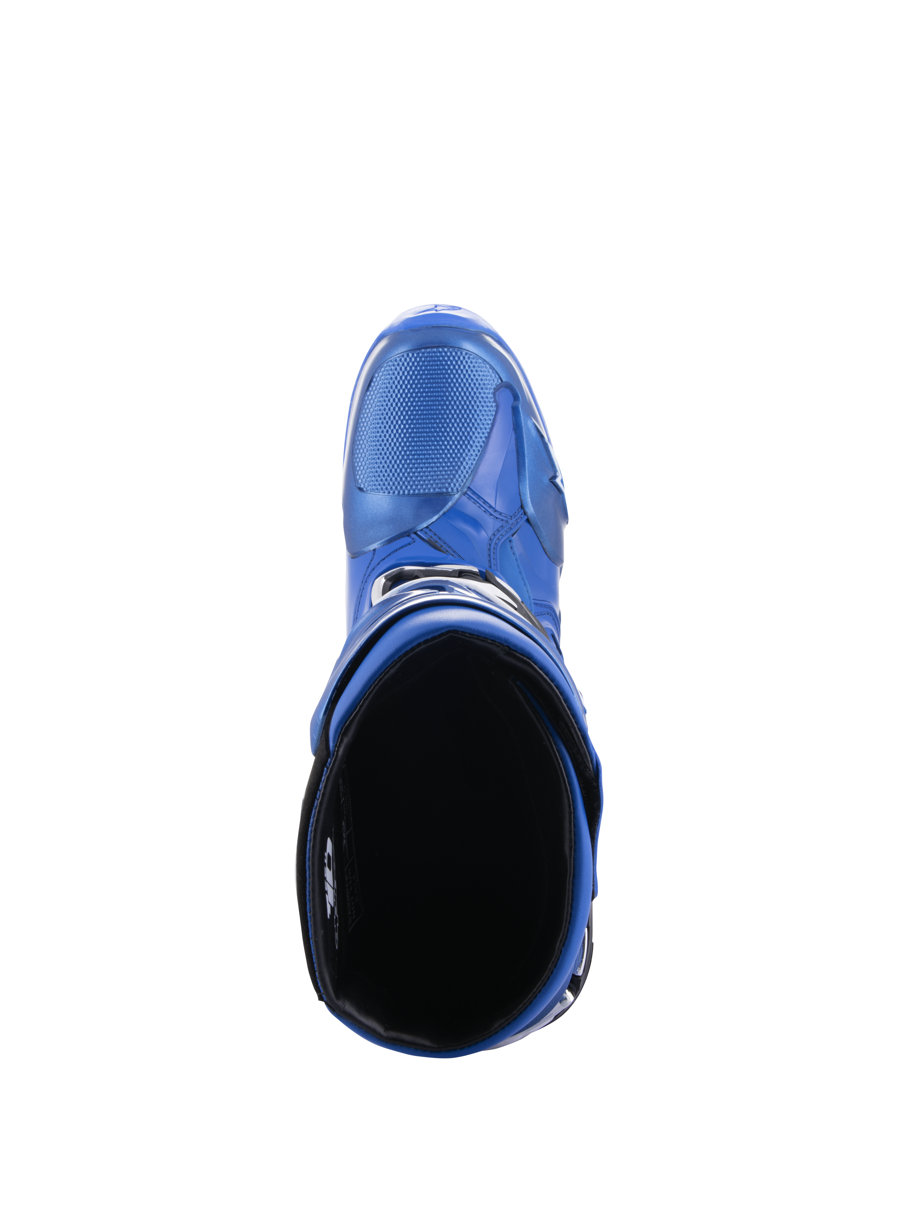 Buty Alpinestars Tech 10, buty motocrossowe, niebiesko-czarne, widok z góry na wyściółkę wewnętrzną i otwór na łydkę, ukazujący smukłą konstrukcję i ochronną skorupę TPU