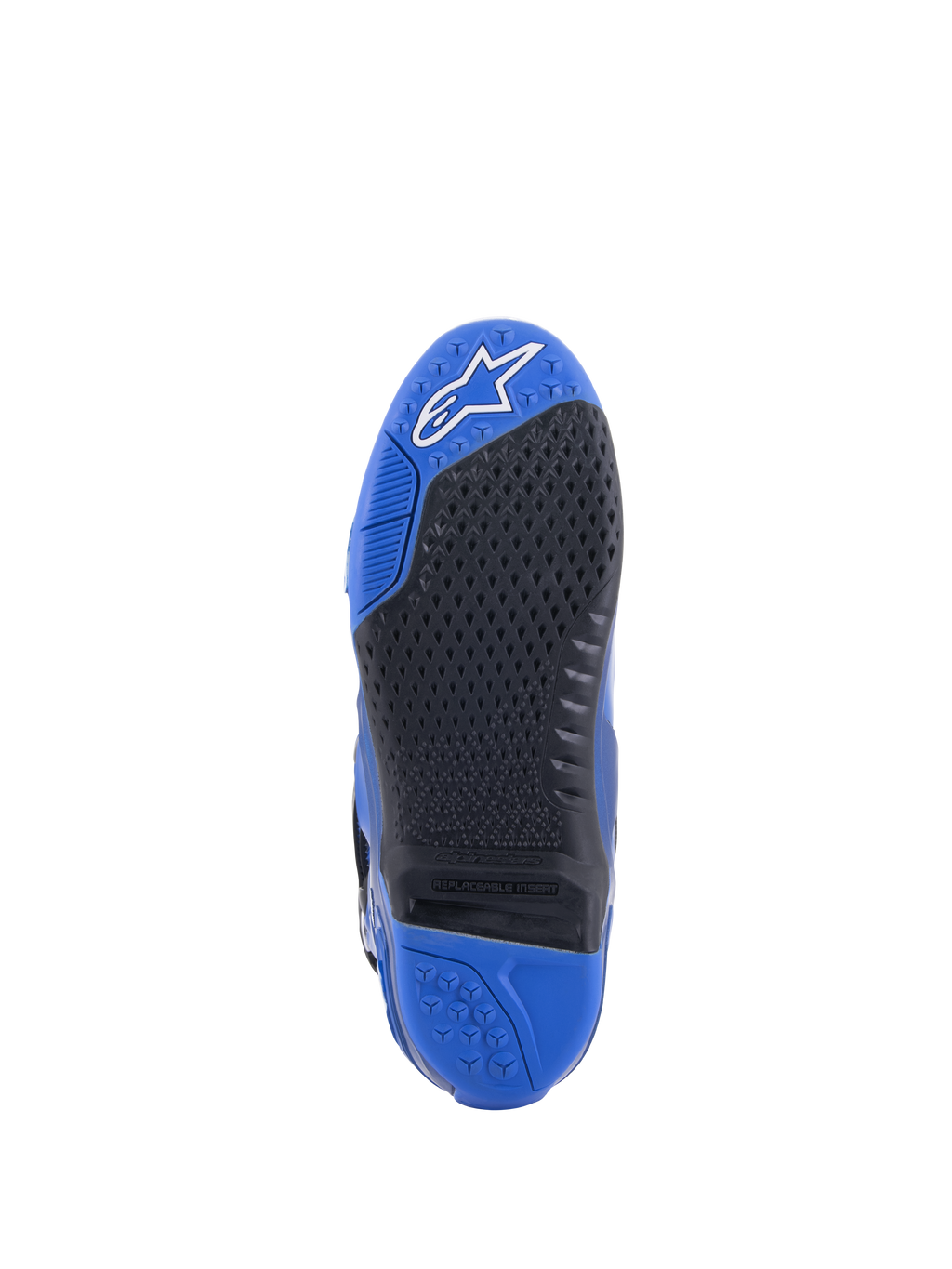 Buty Alpinestars Tech 10, niebiesko-czarne, widok szczegółowy podeszwy, teksturowany czarny wzór przyczepności z wymienną wkładką środkową, niebieski czubek z białym logo i niebieska pięta, wyczynowa konstrukcja butów motocrossowych