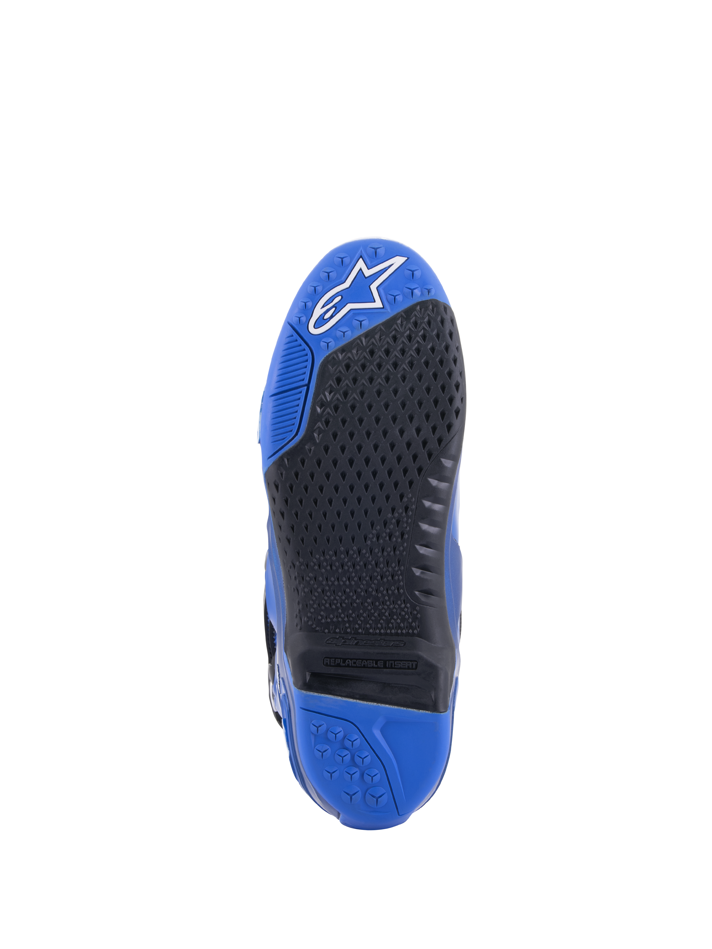 Buty Alpinestars Tech 10, niebiesko-czarne, widok szczegółowy podeszwy, teksturowany czarny wzór przyczepności z wymienną wkładką środkową, niebieski czubek z białym logo i niebieska pięta, wyczynowa konstrukcja butów motocrossowych