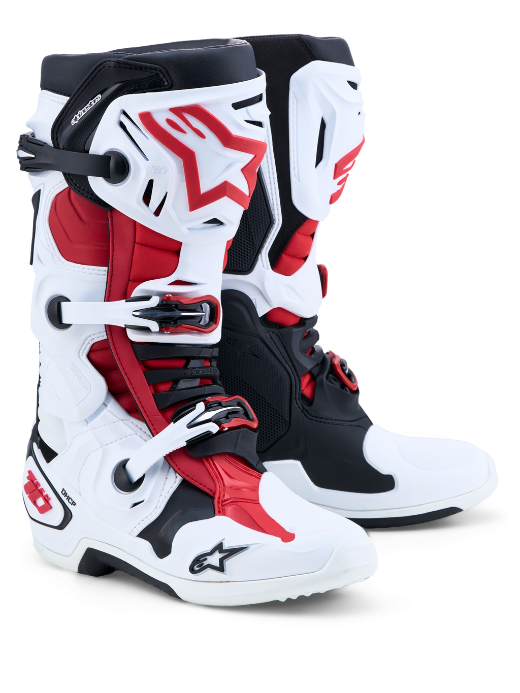 Alpinestars Tech-10, buty motocrossowe męskie, białe, czarne i jaskrawoczerwone, rama kontroli zgięcia do przodu, skorupa TPU, certyfikowane CE
