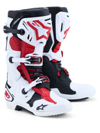 Alpinestars Tech-10, buty motocrossowe męskie, białe, czarne i jaskrawoczerwone, rama kontroli zgięcia do przodu, skorupa TPU, certyfikowane CE