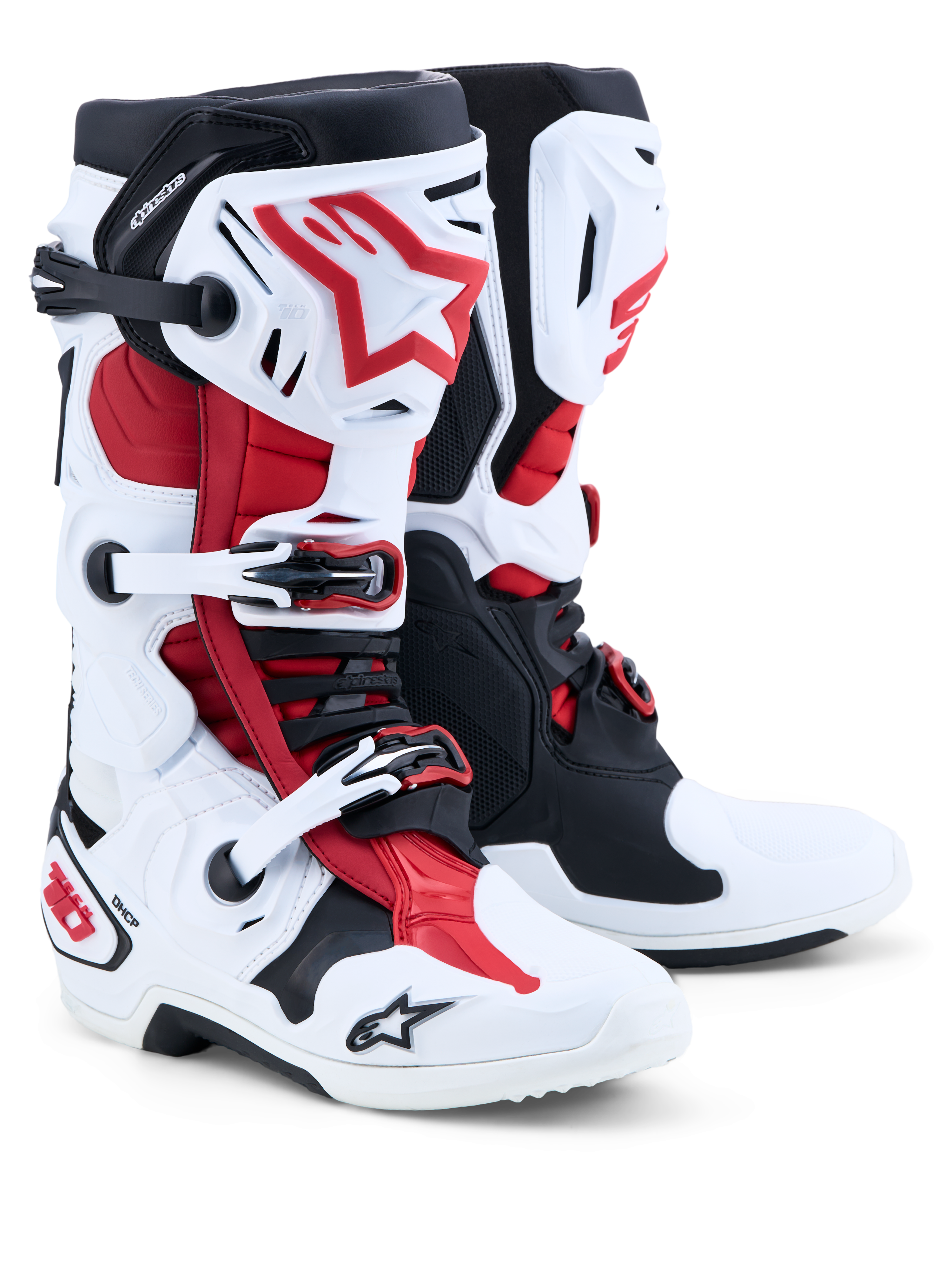 Alpinestars Tech-10, buty motocrossowe męskie, białe, czarne i jaskrawoczerwone, rama kontroli zgięcia do przodu, skorupa TPU, certyfikowane CE