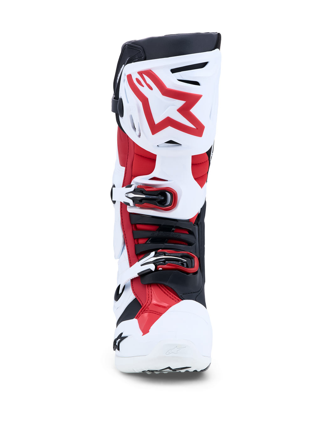Buty Alpinestars Tech-10, męskie buty motocrossowe, białe i czerwone, certyfikowane CE, widok z przodu na klamry i ochraniacz piszczeli.
