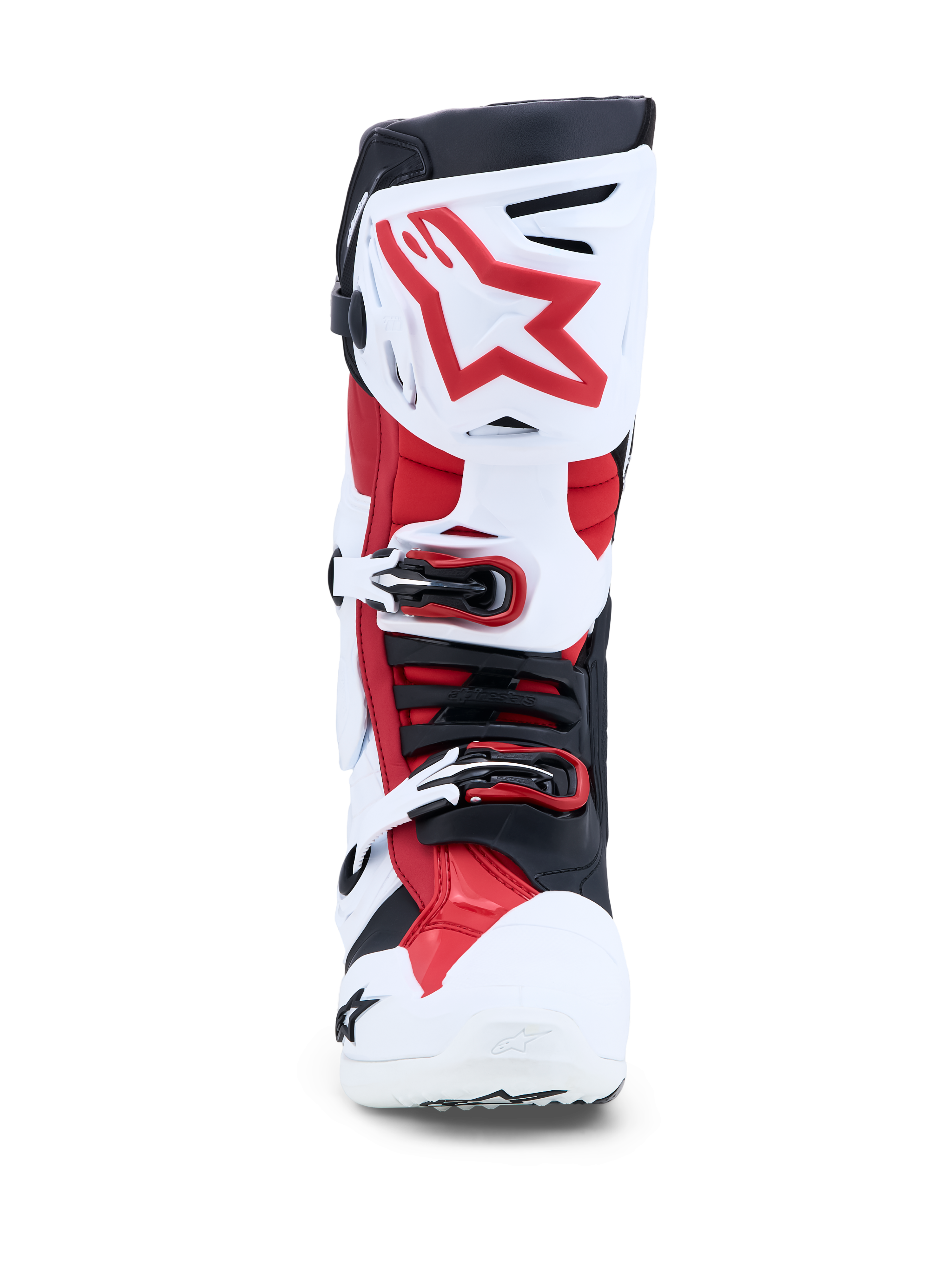 Buty Alpinestars Tech-10, męskie buty motocrossowe, białe i czerwone, certyfikowane CE, widok z przodu na klamry i ochraniacz piszczeli.