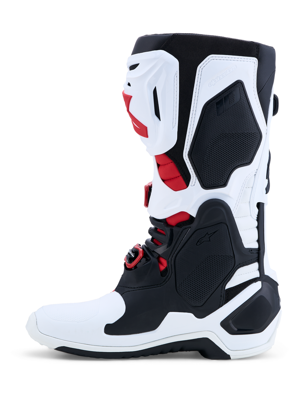 Buty Alpinestars Tech-10, profesjonalne buty motocrossowe, białe i czarne z czerwonymi akcentami, zaawansowana ochrona TPU, certyfikowane CE