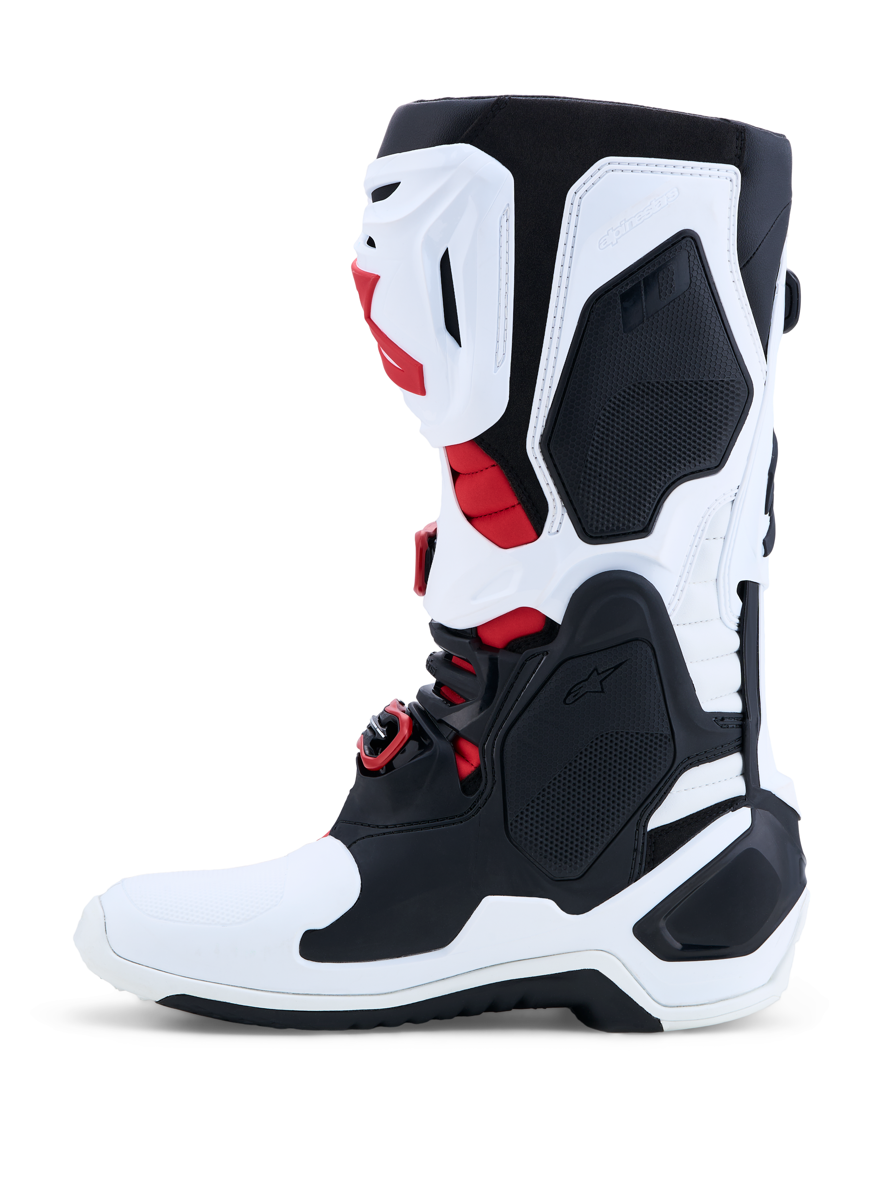 Buty Alpinestars Tech-10, profesjonalne buty motocrossowe, białe i czarne z czerwonymi akcentami, zaawansowana ochrona TPU, certyfikowane CE