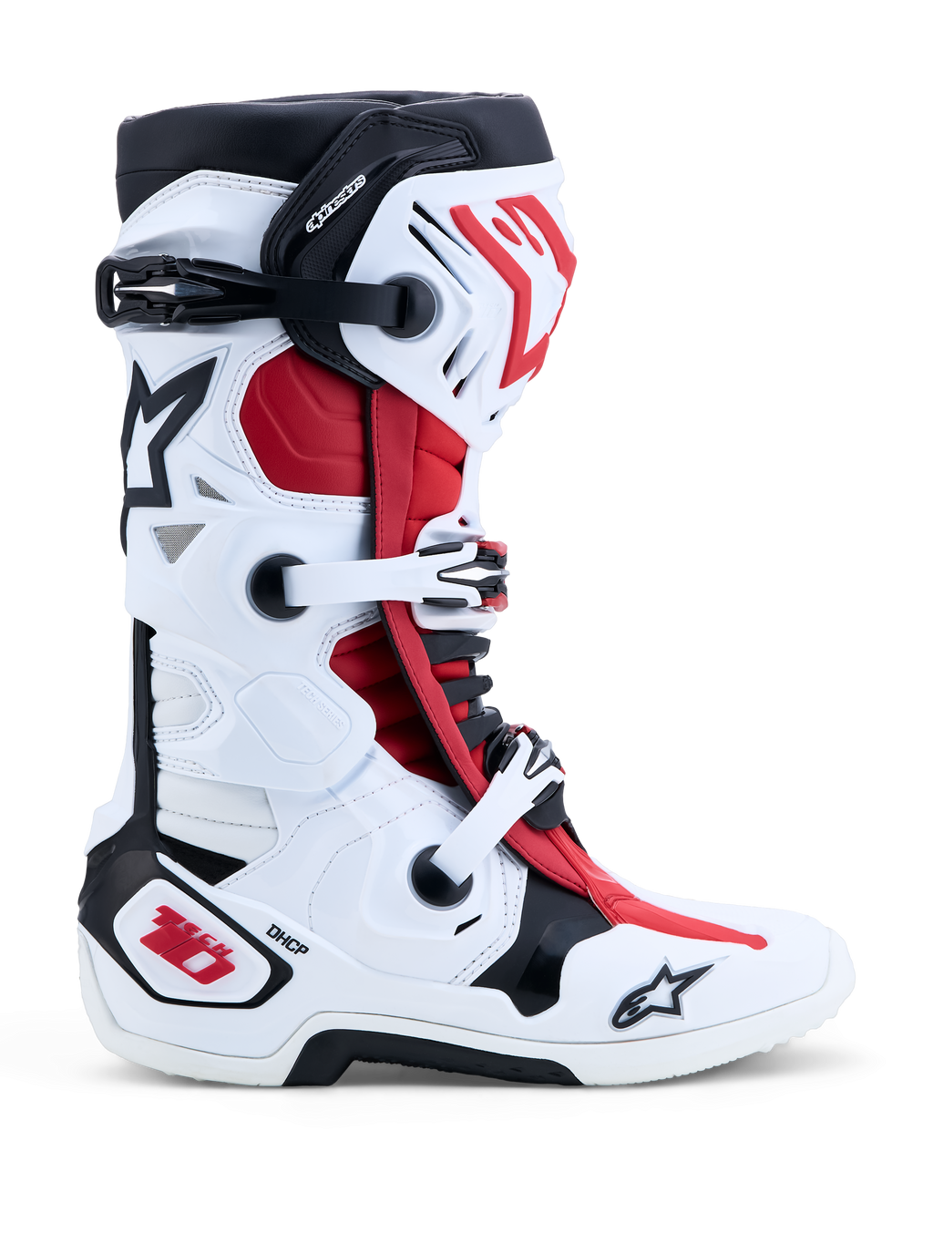 Alpinestars Tech-10, buty motocrossowe off-road, białe, czarne i jaskrawoczerwone, ochrona DHCP, podwójny system obrotowy.