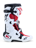 Alpinestars Tech-10, buty motocrossowe off-road, białe, czarne i jaskrawoczerwone, ochrona DHCP, podwójny system obrotowy.