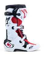 Alpinestars Tech-10, buty motocrossowe off-road, białe, czarne i jaskrawoczerwone, ochrona DHCP, podwójny system obrotowy.