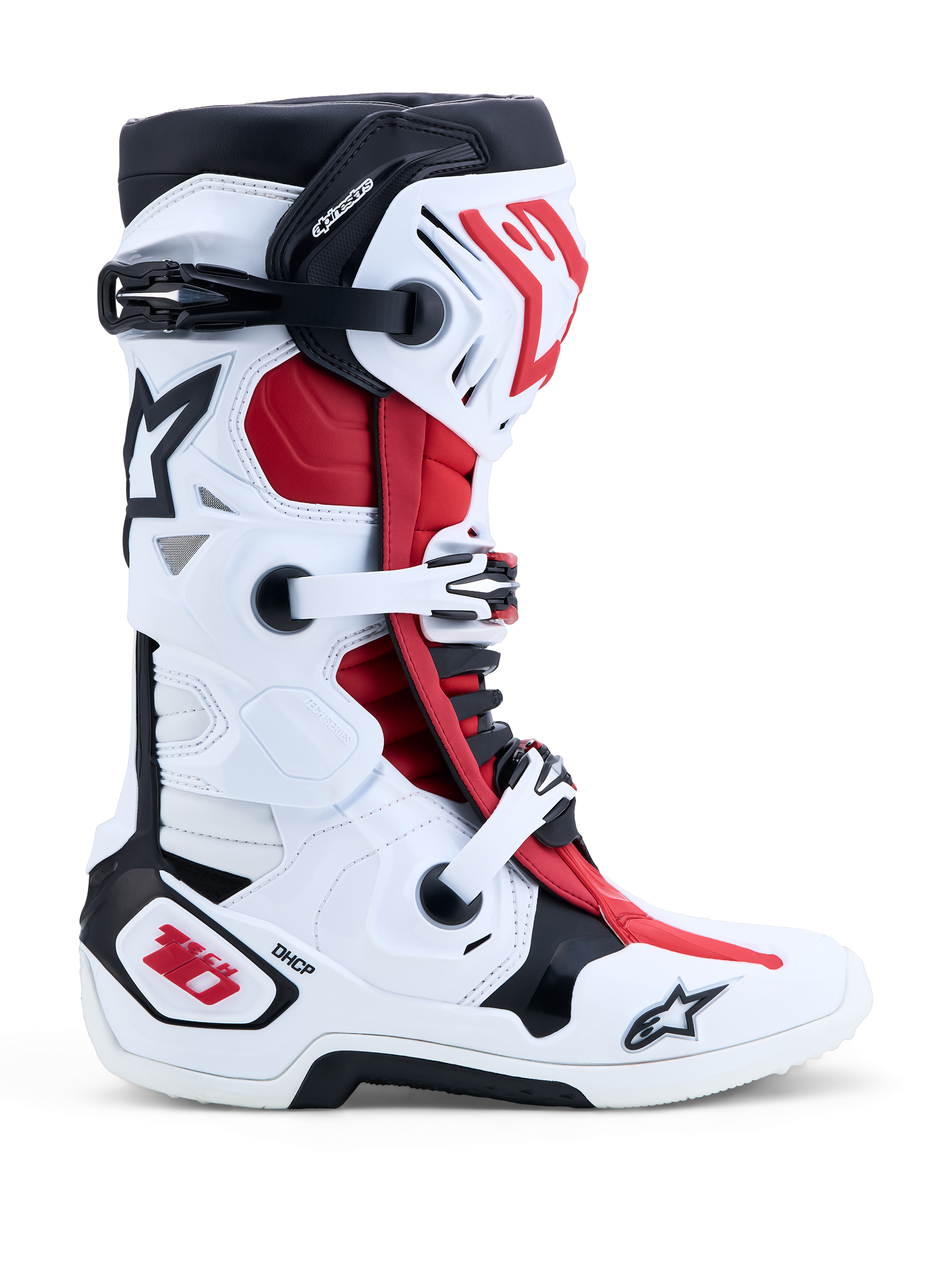 Alpinestars Tech-10, buty motocrossowe off-road, białe, czarne i jaskrawoczerwone, ochrona DHCP, podwójny system obrotowy.