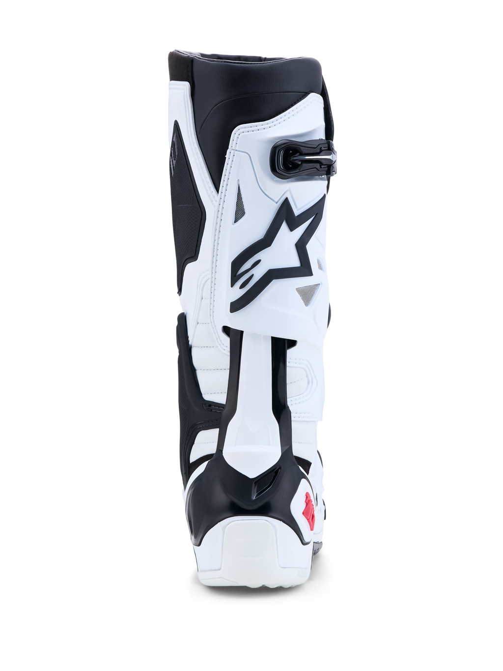 Buty Alpinestars Tech-10, białe i czarne buty motocrossowe z systemem kontroli nadmiernego wyprostu, widok z tyłu.