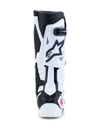 Buty Alpinestars Tech-10, białe i czarne buty motocrossowe z systemem kontroli nadmiernego wyprostu, widok z tyłu.