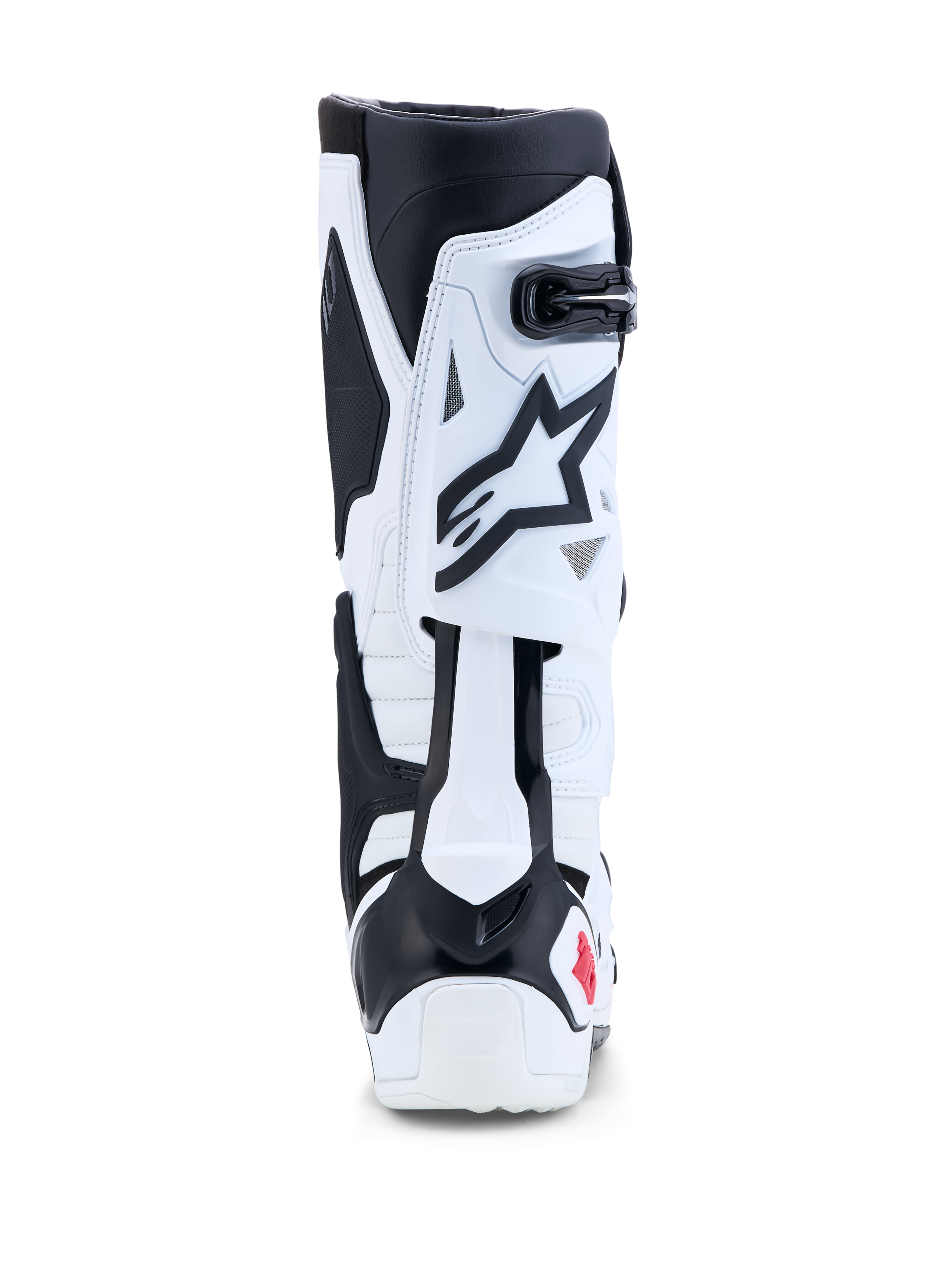 Buty Alpinestars Tech-10, białe i czarne buty motocrossowe z systemem kontroli nadmiernego wyprostu, widok z tyłu.