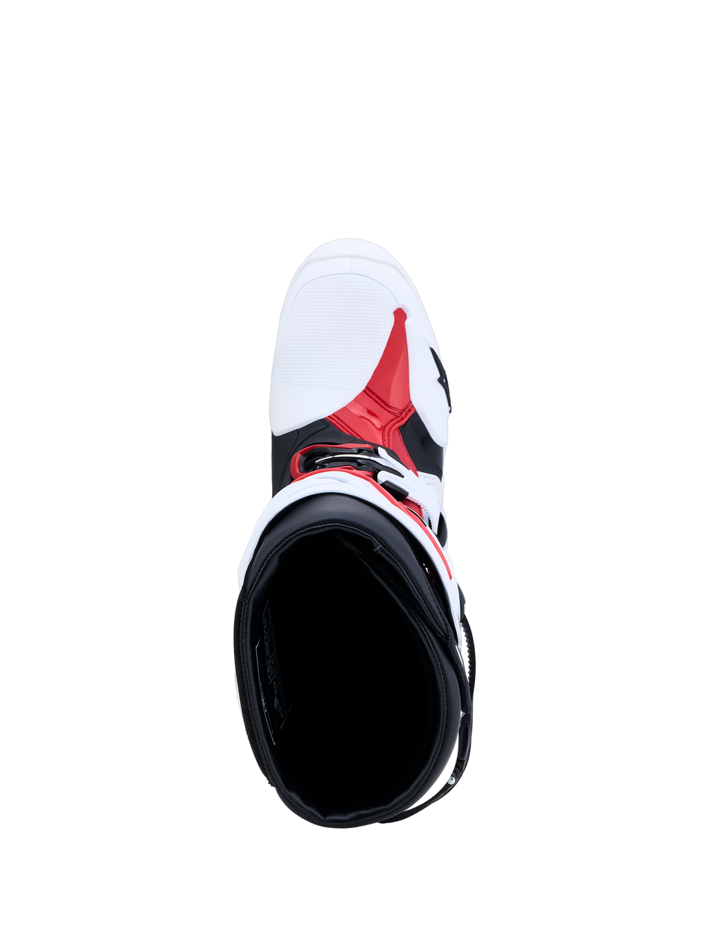 Buty Alpinestars Tech-10, buty motocyklowe MX, białe, czarne i czerwone, widok z góry na wnętrze oraz konstrukcję TPU