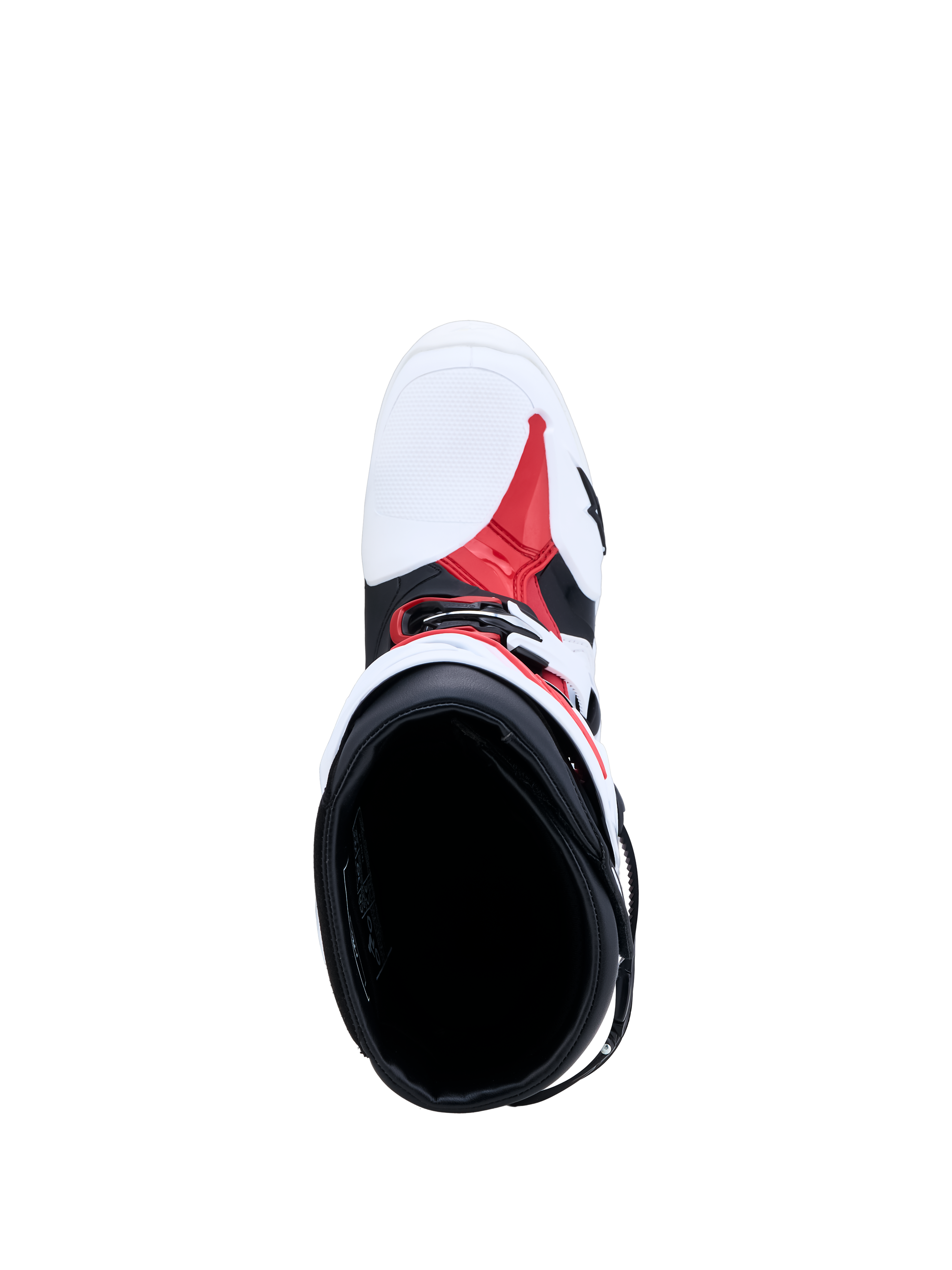 Buty Alpinestars Tech-10, buty motocyklowe MX, białe, czarne i czerwone, widok z góry na wnętrze oraz konstrukcję TPU