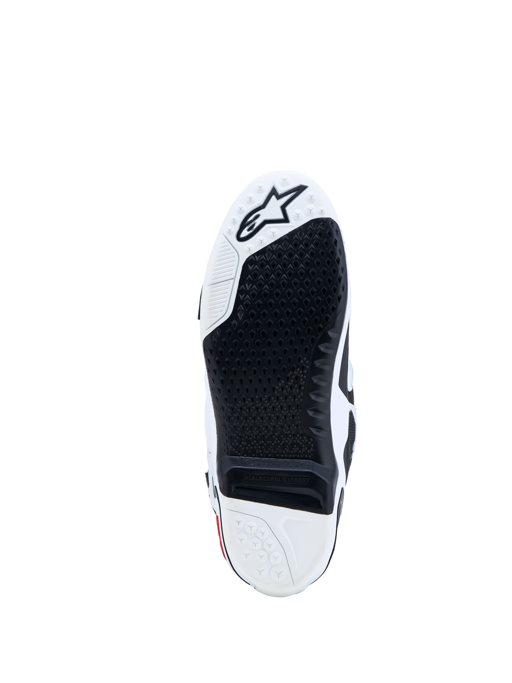 Buty Alpinestars Tech-10, podeszwa motocrossowa, czarna i biała, wymienna wkładka i logo z gwiazdą.