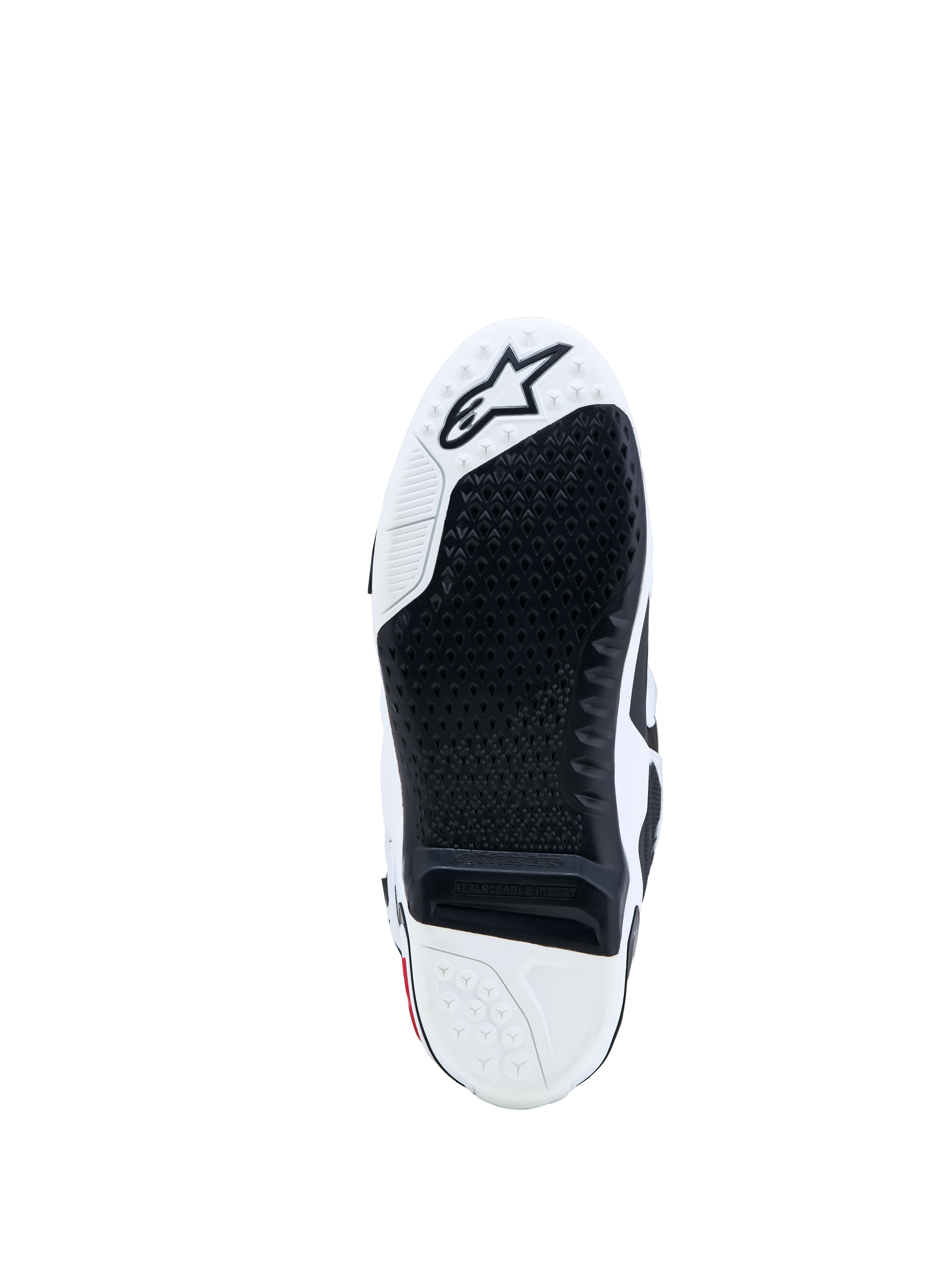 Buty Alpinestars Tech-10, podeszwa motocrossowa, czarna i biała, wymienna wkładka i logo z gwiazdą.