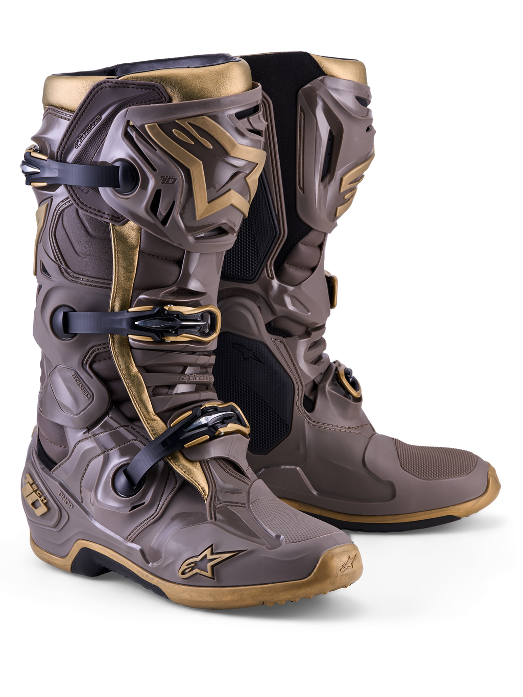 Buty motocrossowe Alpinestars Tech 10 Air Gold, kolor Earth Brown i złoty, lekka skorupa TPU i system trzech klamer.