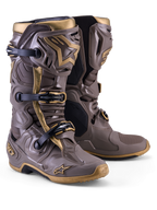Buty motocrossowe Alpinestars Tech 10 Air Gold, kolor Earth Brown i złoty, lekka skorupa TPU i system trzech klamer.