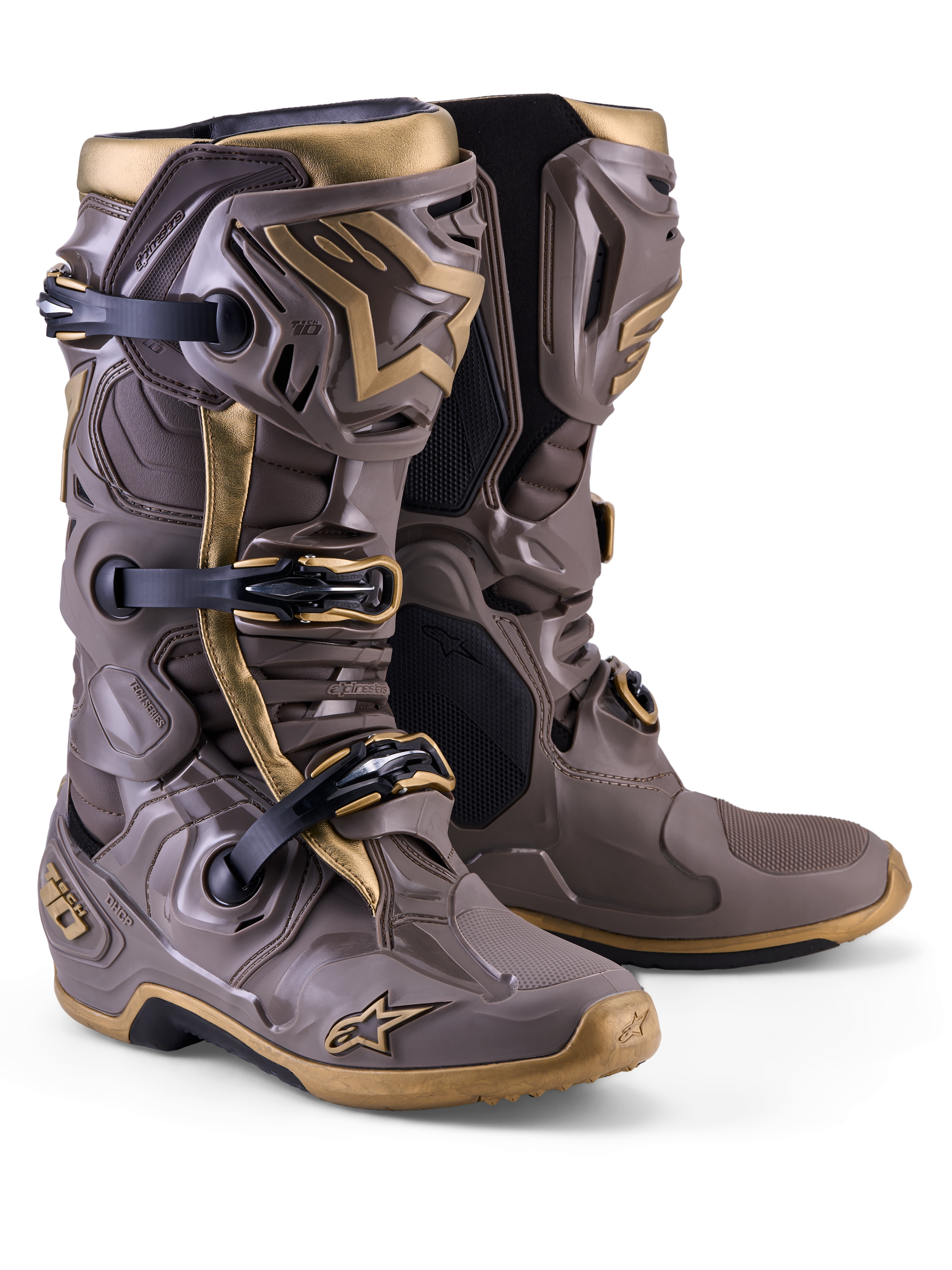 Buty motocrossowe Alpinestars Tech 10 Air Gold, kolor Earth Brown i złoty, lekka skorupa TPU i system trzech klamer.