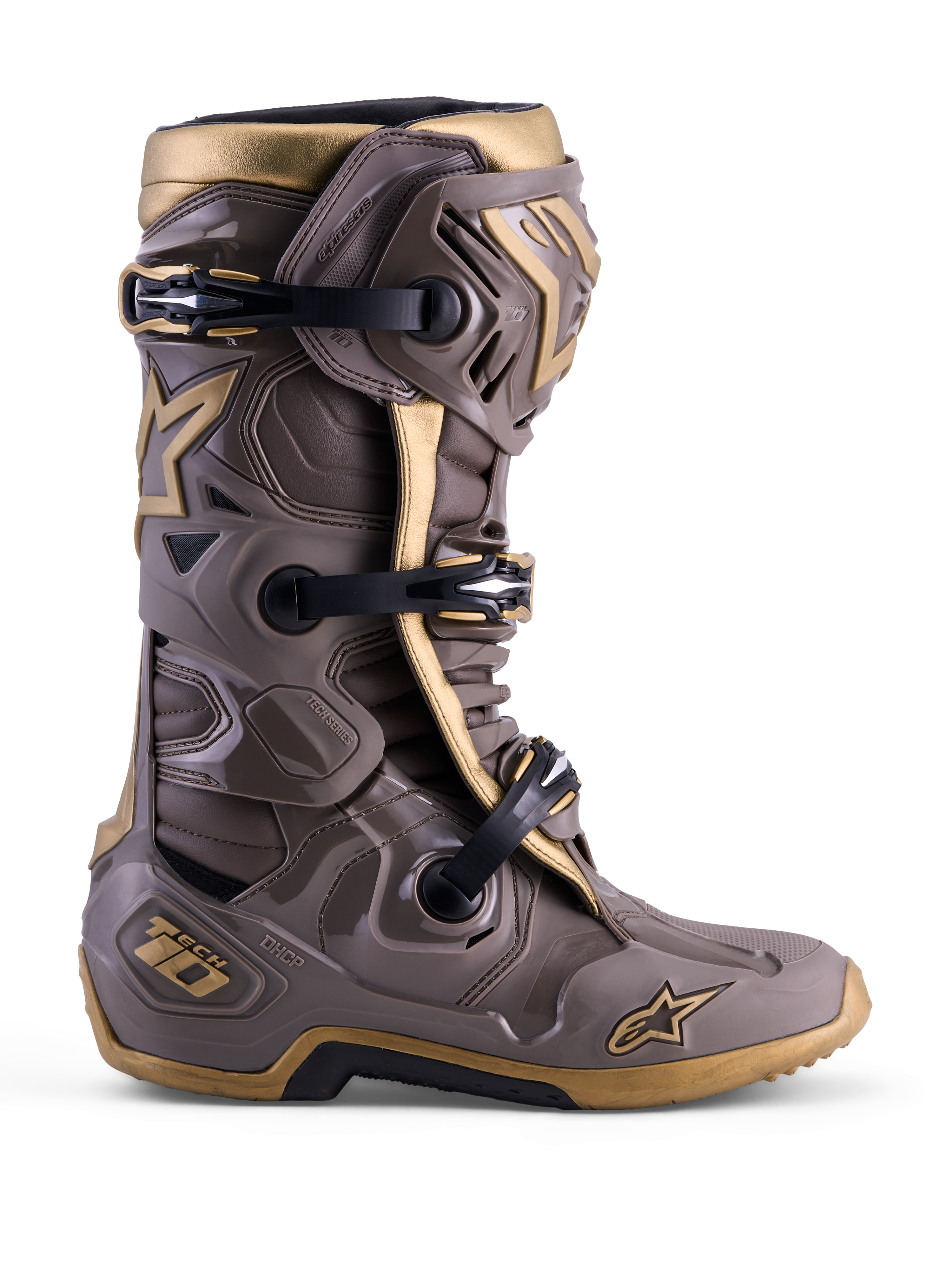 Buty Alpinestars Tech 10 Air Gold Edycja Limitowana, kolor Earth Brown Gold, z ochronną skorupą TPU.
