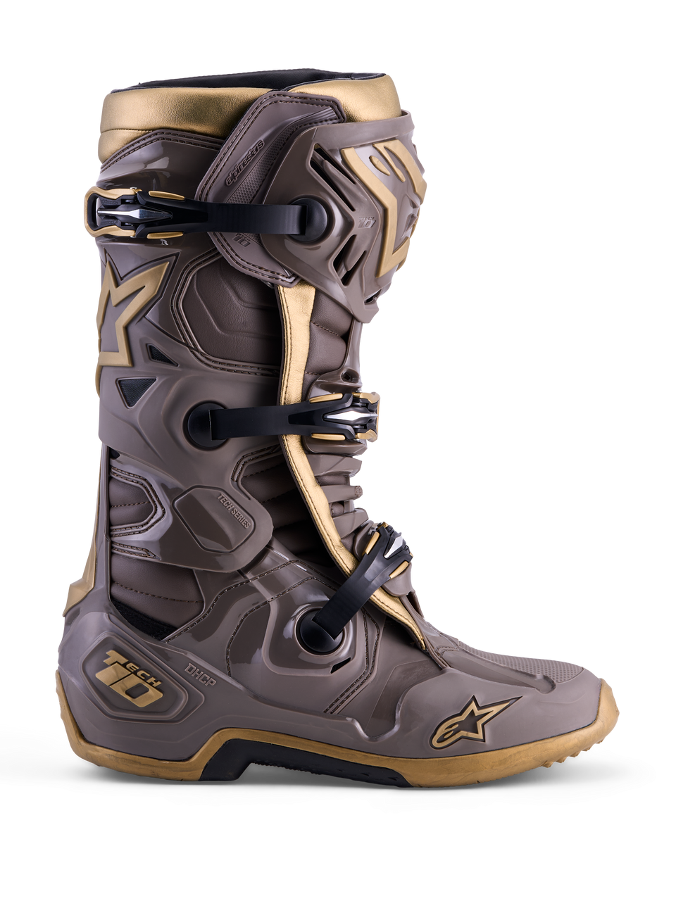 Buty Alpinestars Tech 10 Air Gold Edycja Limitowana, kolor Earth Brown Gold, z ochronną skorupą TPU.