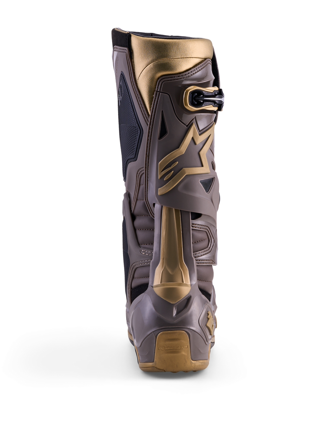 Buty motocrossowe Alpinestars Tech 10 Air Gold, widok z tyłu, kolor Earth Brown Gold, skorupa TPU i złote akcenty.
