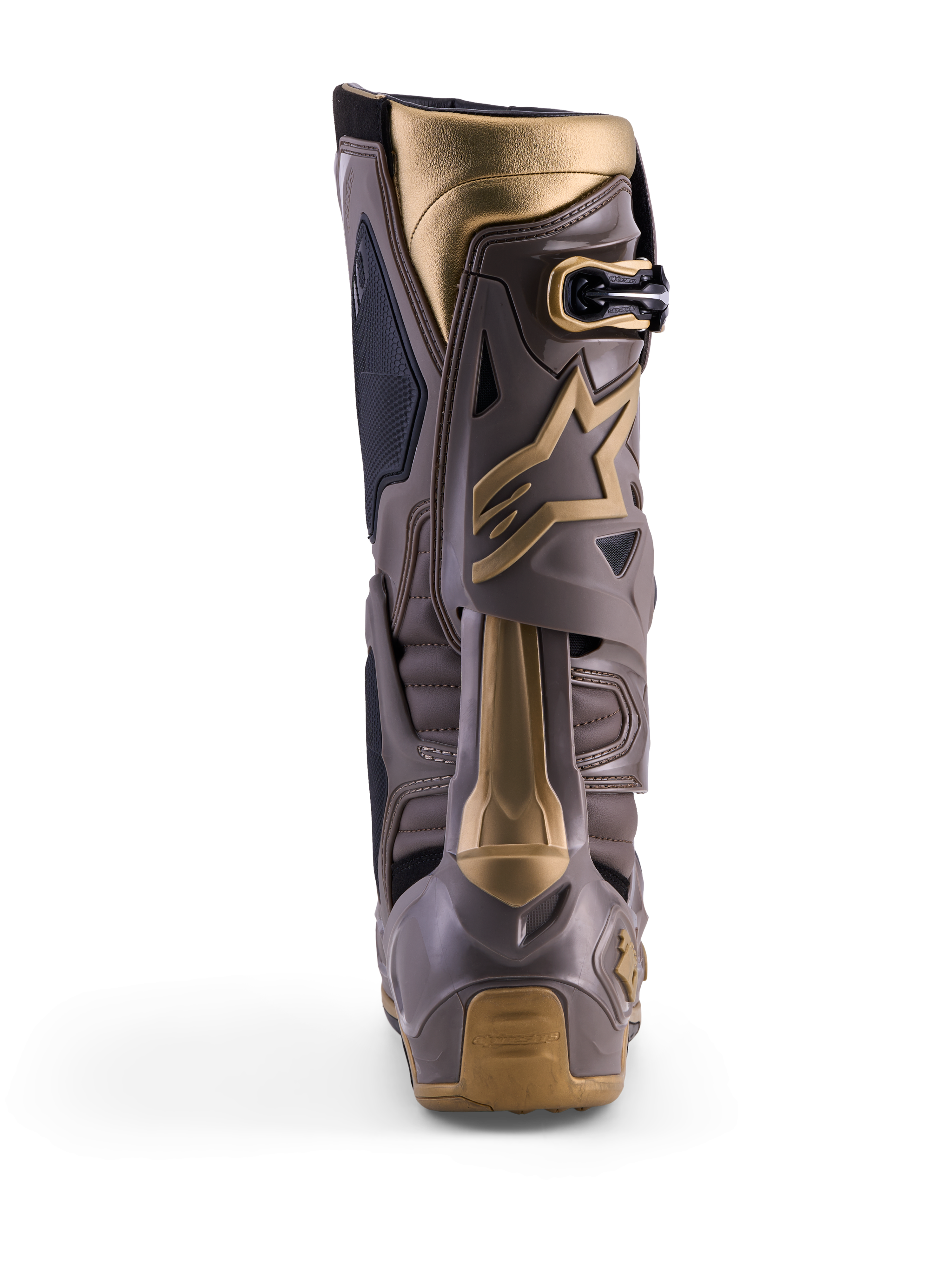 Buty motocrossowe Alpinestars Tech 10 Air Gold, widok z tyłu, kolor Earth Brown Gold, skorupa TPU i złote akcenty.