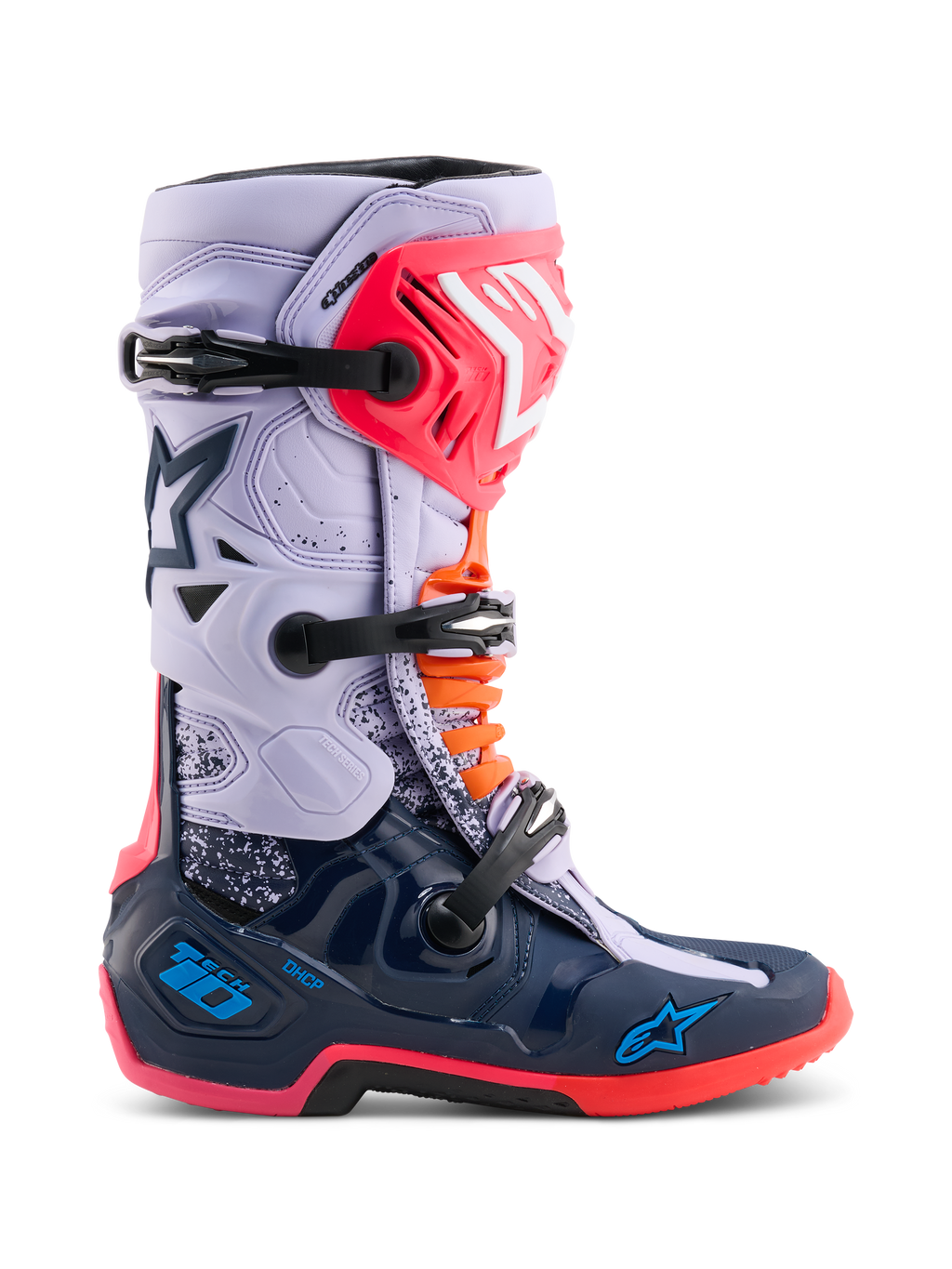 Alpinestars Limited Edition Tech 10 Records Boots, buty motocrossowe, wielokolorowe z jasnofioletową górą i granatową dolną skorupą, różowe i pomarańczowe akcenty, system trzech klamer, zaawansowane obuwie ochronne do jazdy terenowej