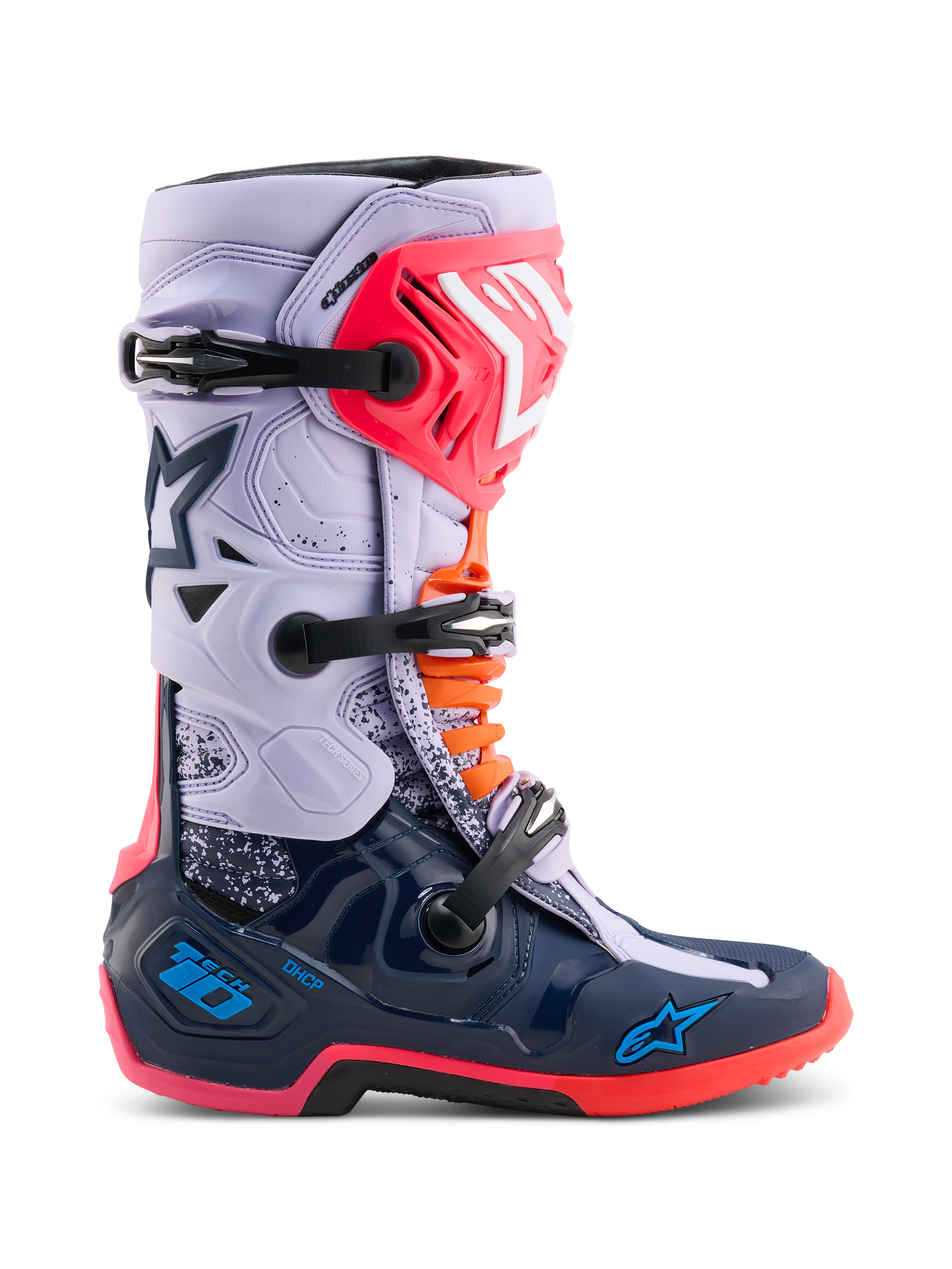 Alpinestars Limited Edition Tech 10 Records Boots, buty motocrossowe, wielokolorowe z jasnofioletową górą i granatową dolną skorupą, różowe i pomarańczowe akcenty, system trzech klamer, zaawansowane obuwie ochronne do jazdy terenowej