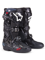 Alpinestars Tech 10 Enduro Boots, Motocross Boots, Black with white shin logo and small red star detail, featuring triple buckle closure system, durable TPU armor, and specialized enduro sole for off-road racing