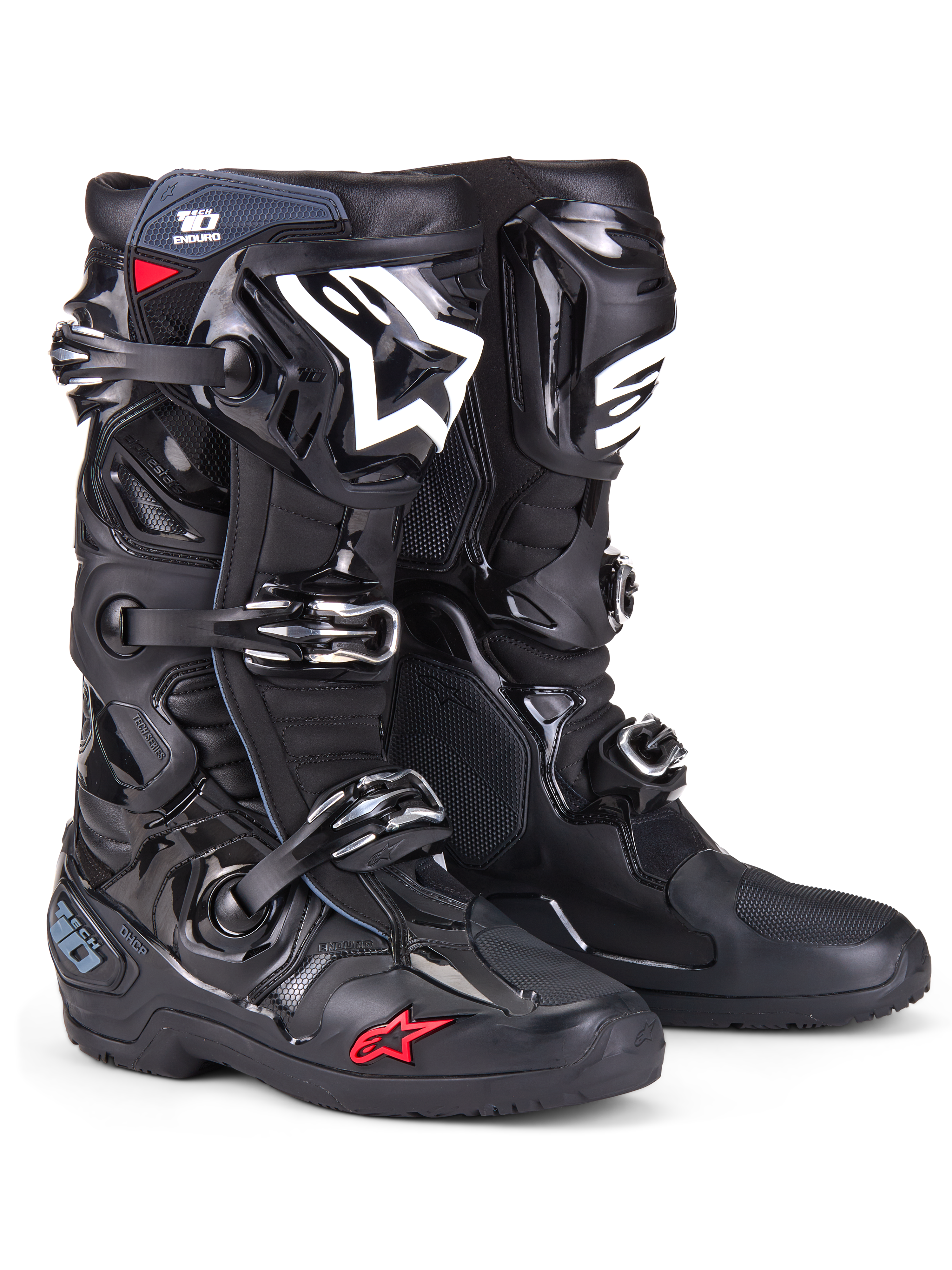 Alpinestars Tech 10 Enduro Boots, Motocross Boots, Black with white shin logo and small red star detail, featuring triple buckle closure system, durable TPU armor, and specialized enduro sole for off-road racing