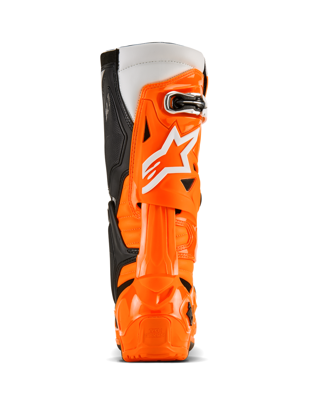 Buty Alpinestars Tech 10 Enduro, widok z tyłu, kolor pomarańczowy fluo, czarny i biały, jaskrawopomarańczowa skorupa ochronna TPU, białe logo Alpinestars, czarne panele boczne i specjalistyczna ochrona pięty do jazdy terenowej