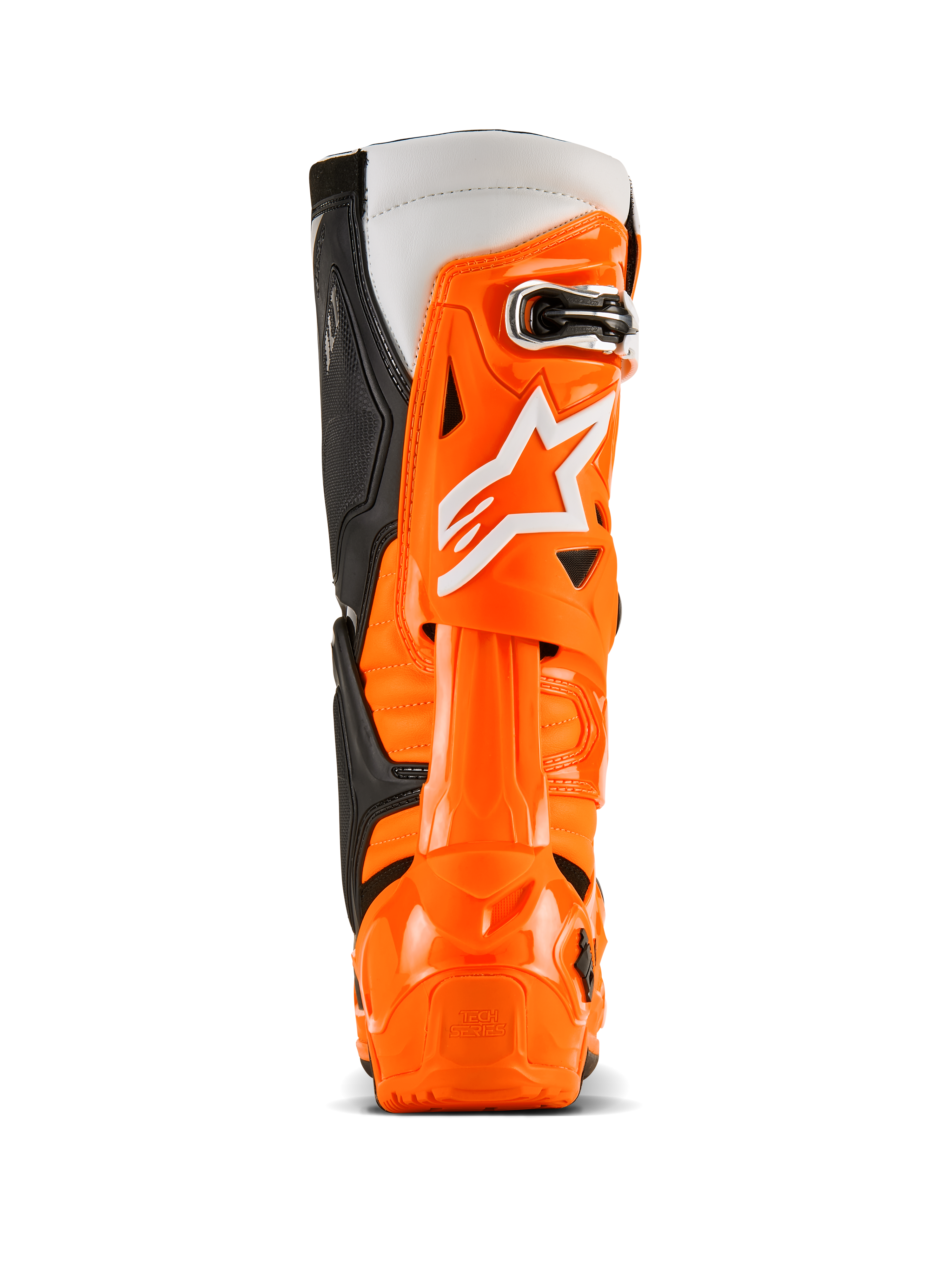 Buty Alpinestars Tech 10 Enduro, widok z tyłu, kolor pomarańczowy fluo, czarny i biały, jaskrawopomarańczowa skorupa ochronna TPU, białe logo Alpinestars, czarne panele boczne i specjalistyczna ochrona pięty do jazdy terenowej