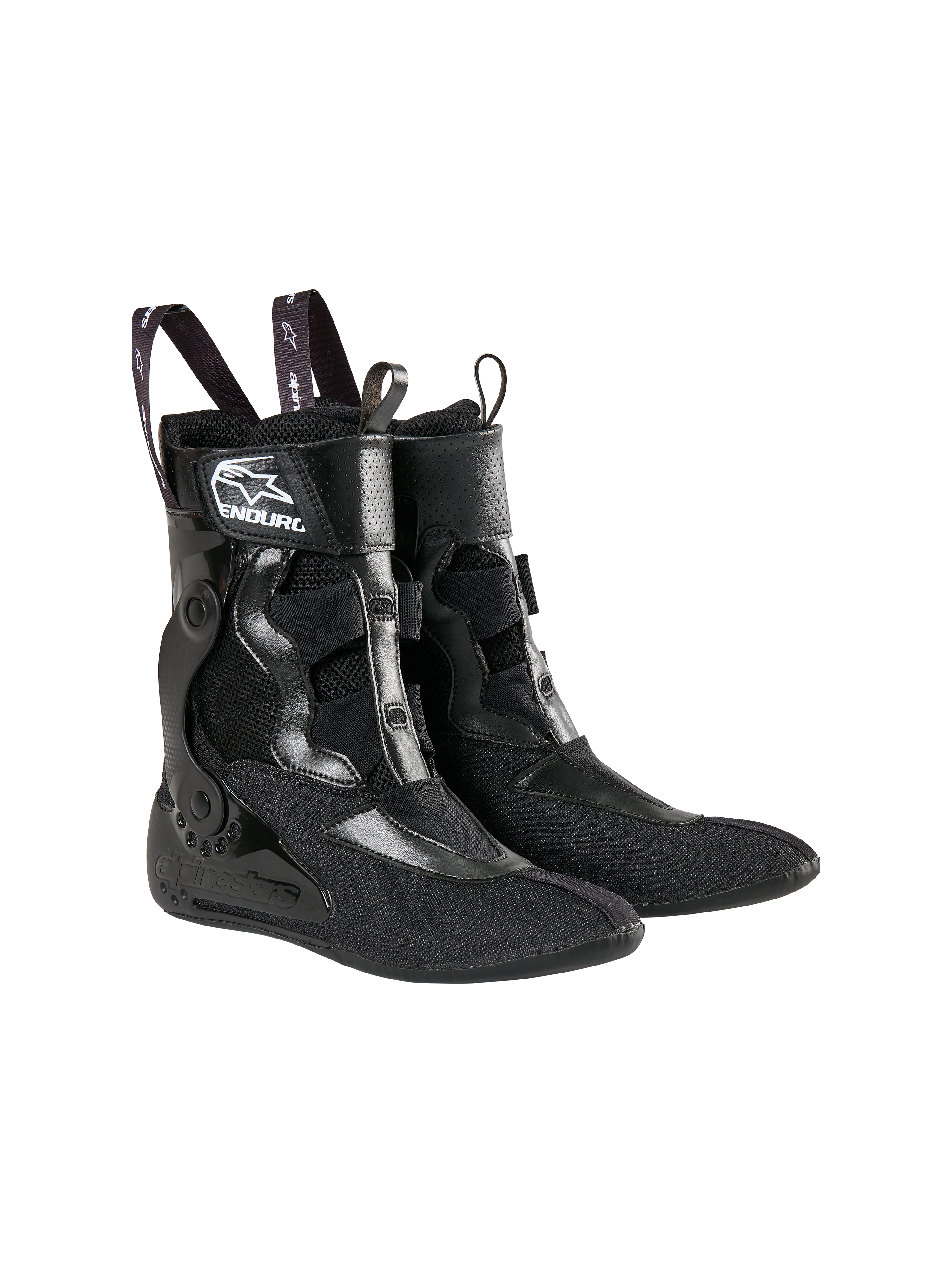 Alpinestars Tech 10 Enduro Boots Inner Booties, Black, featuring textile and mesh construction, white Alpinestars logo and 'ENDURO' branding, pull loops with star logos, and a structured internal ankle brace design for motocross performance