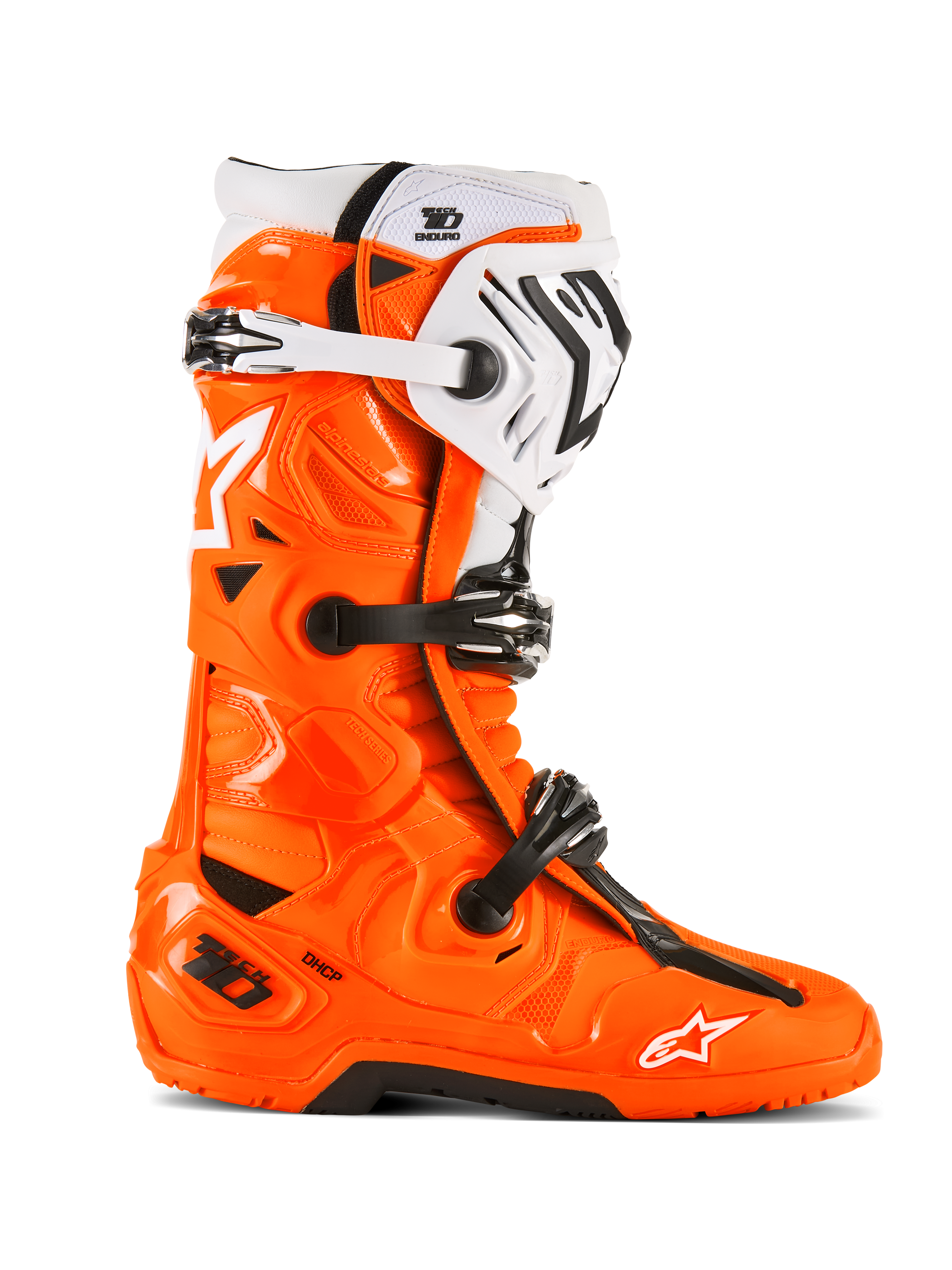 Alpinestars Tech 10 Enduro Boots, buty motocrossowe terenowe, jaskrawopomarańczowe z czarnymi i białymi akcentami, widok z boku z potrójnym systemem zapięcia na klamry, wytrzymała czarna podeszwa i ochronna konstrukcja TPU do jazdy enduro