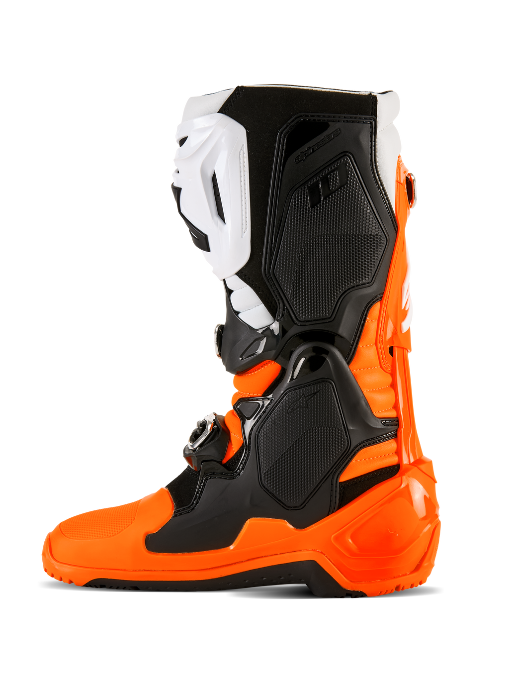 Buty Alpinestars Tech 10 Enduro, pomarańczowy fluo, czarny i biały, wysokowydajne obuwie motocrossowe i off-road z systemem potrójnego zapięcia na klamry, ochronnymi panelami TPU i specjalistyczną podeszwą Enduro o podwójnej mieszance dla zwiększonej przyczepności.